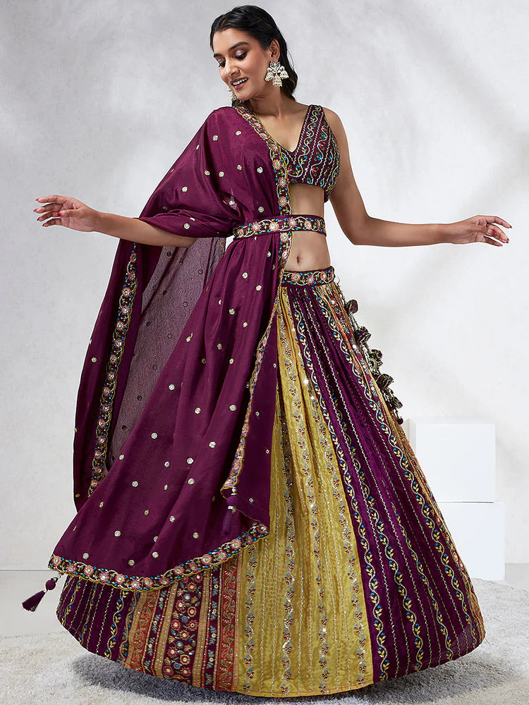 Burgundy & Mustard Yellow Embroidered Chiffon Lehenga Choli with Sequins - Indian Wedding Outfit, Festive Attire, Diwali Celebration Costume (D397)