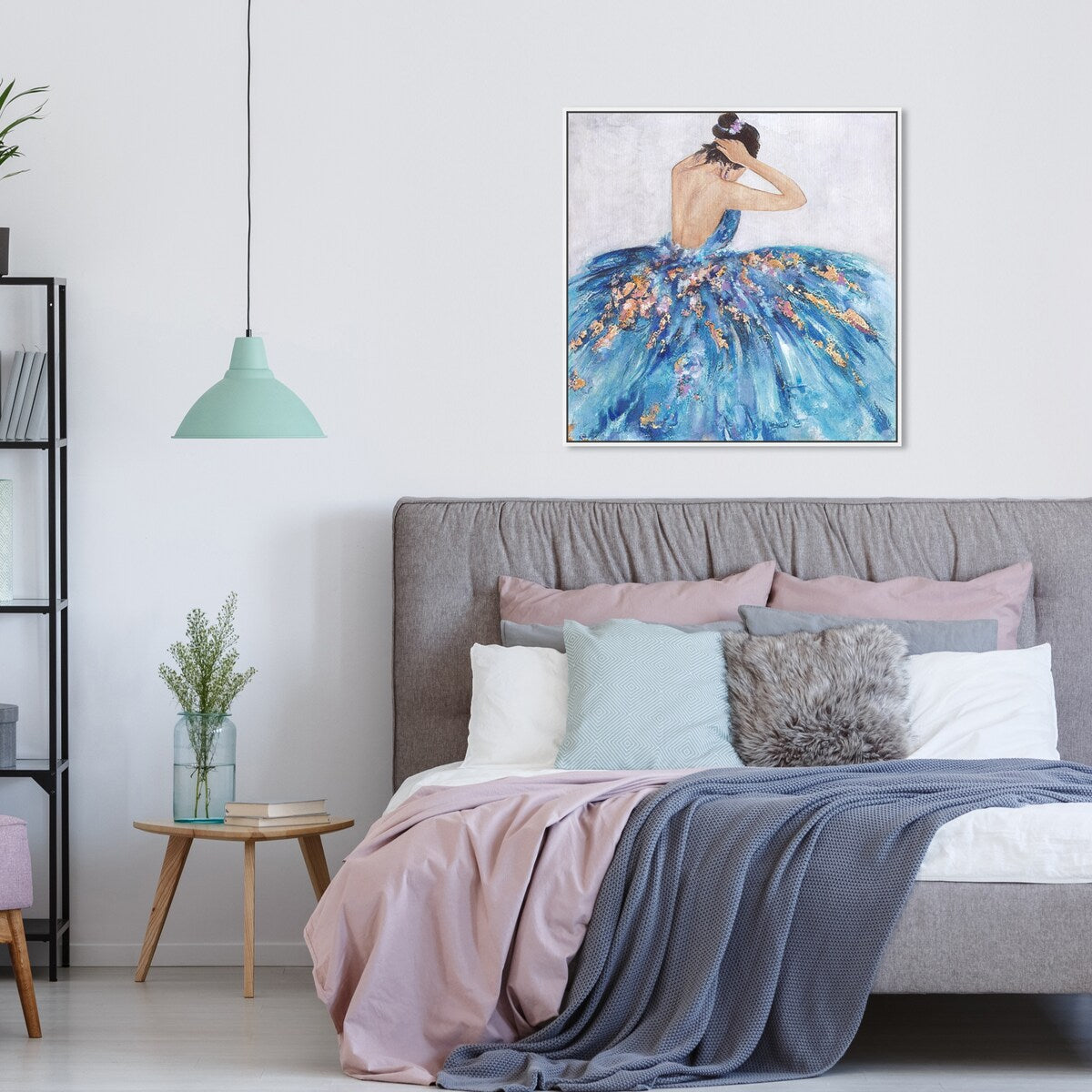 Elegant Princess Dress Glam Blue Framed Canvas Wall Art Print - Blue & Festive Home Decor for Bedroom, Living Room, Nursery | Perfect Gift for Girls, Women & Teens
