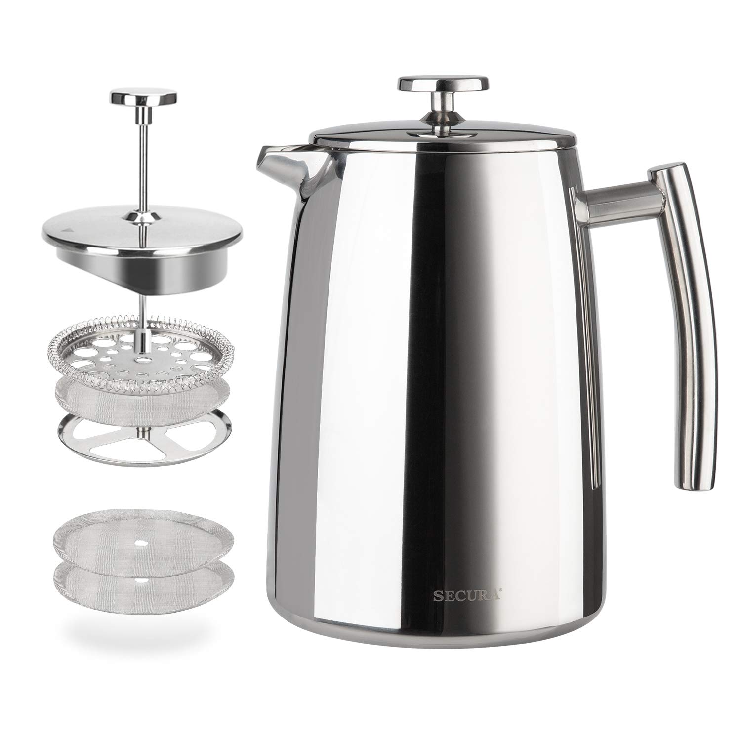 Secura 34oz Stainless Steel French Press Coffee Maker - Double-Wall Insulated, 304 Stainless Steel, Extra Fine Mesh Filter - Perfect for Home, Office, Camping & Travel Brewing