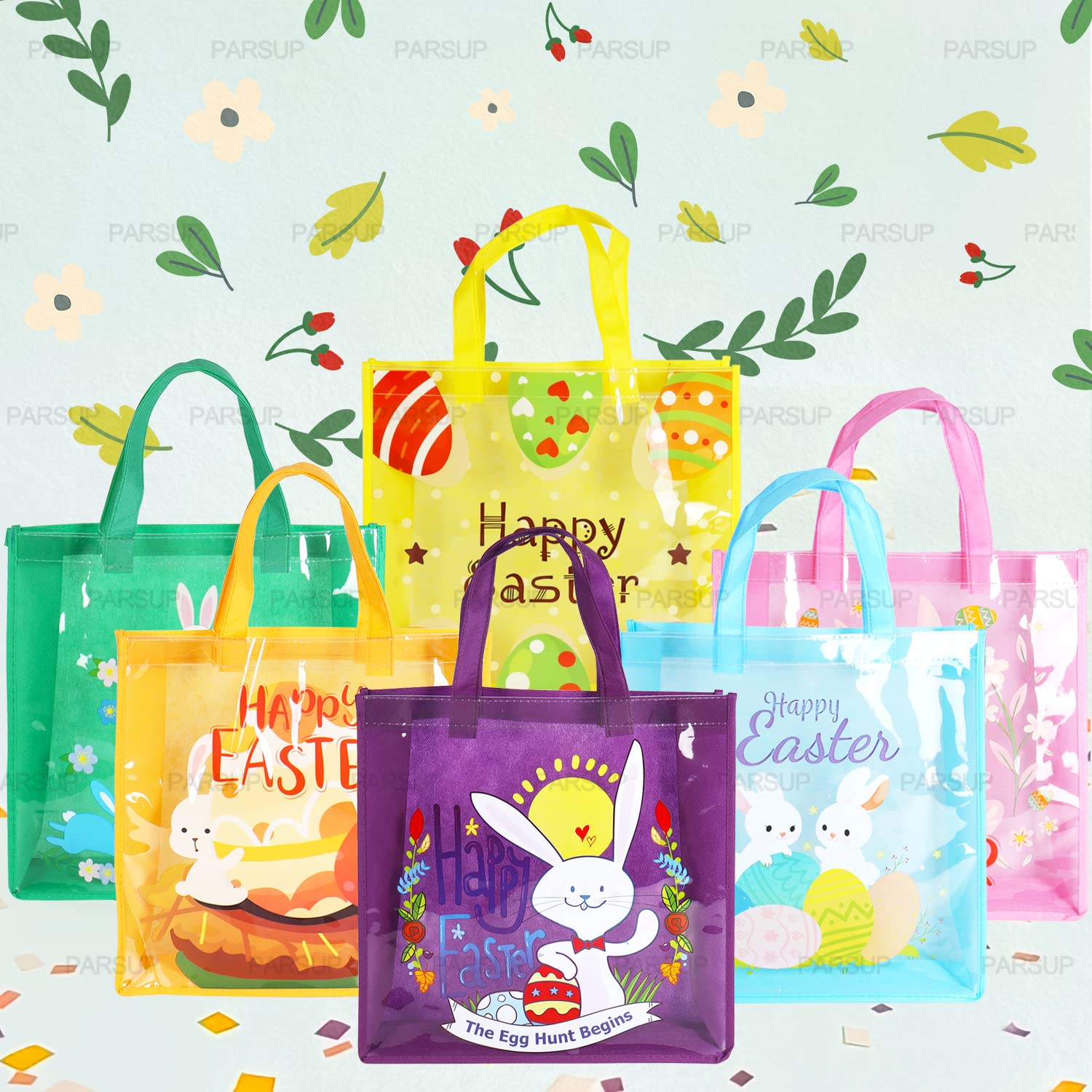 6PCS Easter Egg Hunt Bags - Bunny Carrot Chick Themed Treat Bags with Handles, 13