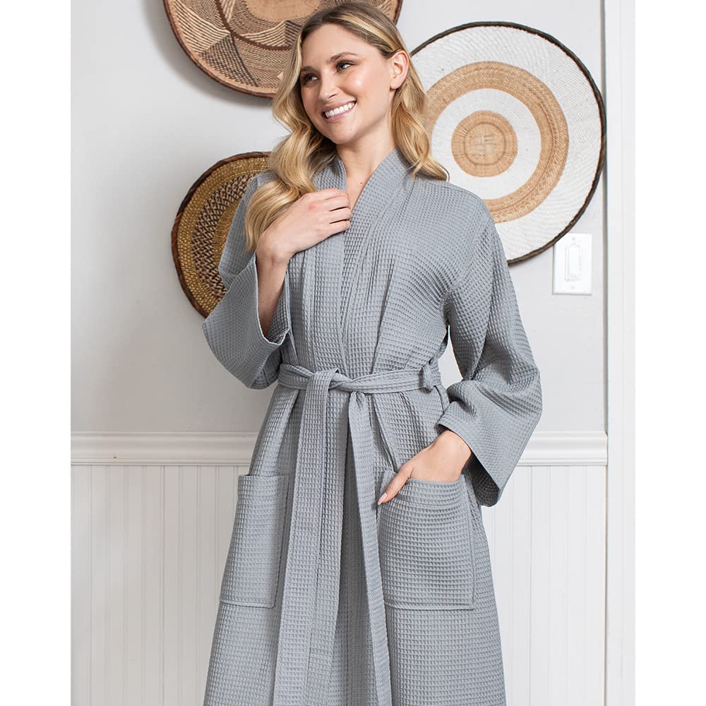 Lotus Linen Women's Lightweight Waffle Weave Robe - Soft Long Cotton Bathrobe with Kimono Style - Perfect for Spa, Lounge & Home Relaxation