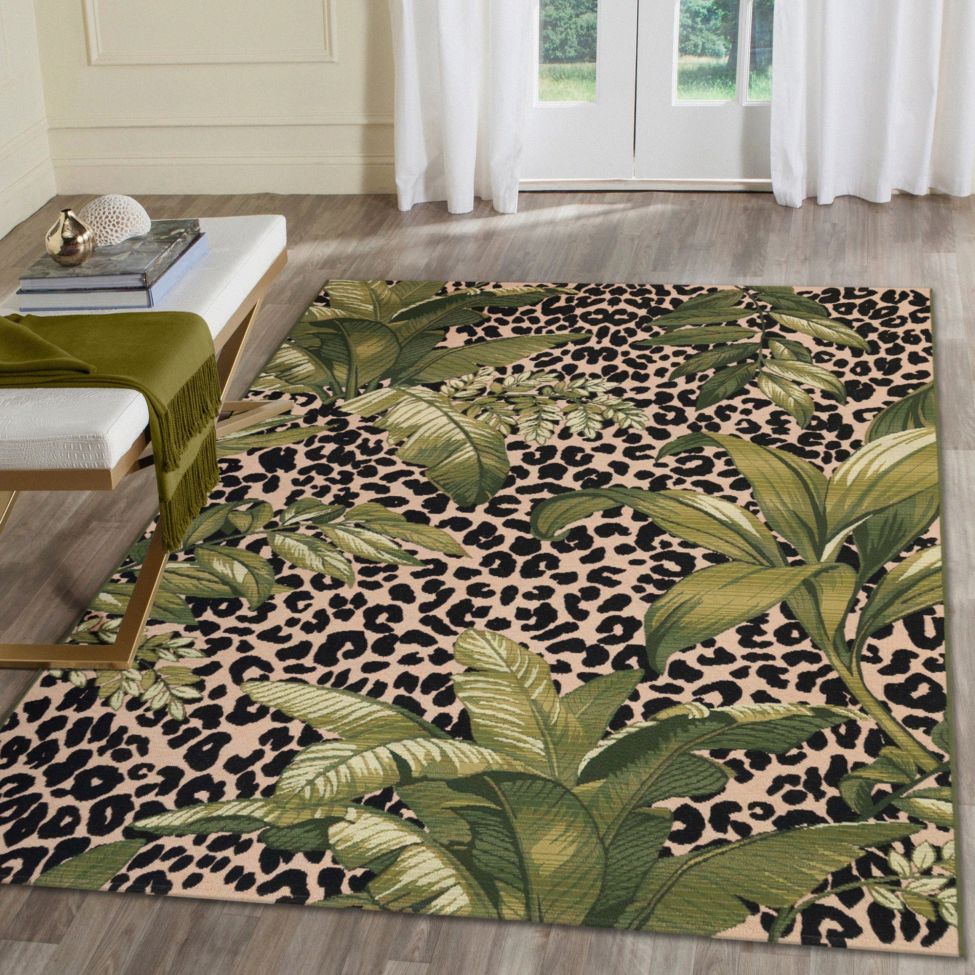 Liora Manne Marina Safari Indoor/Outdoor Area Rug - Green Jungle Leaf Pattern - Perfect for Living Room, Bedroom, Patio & Deck Decor