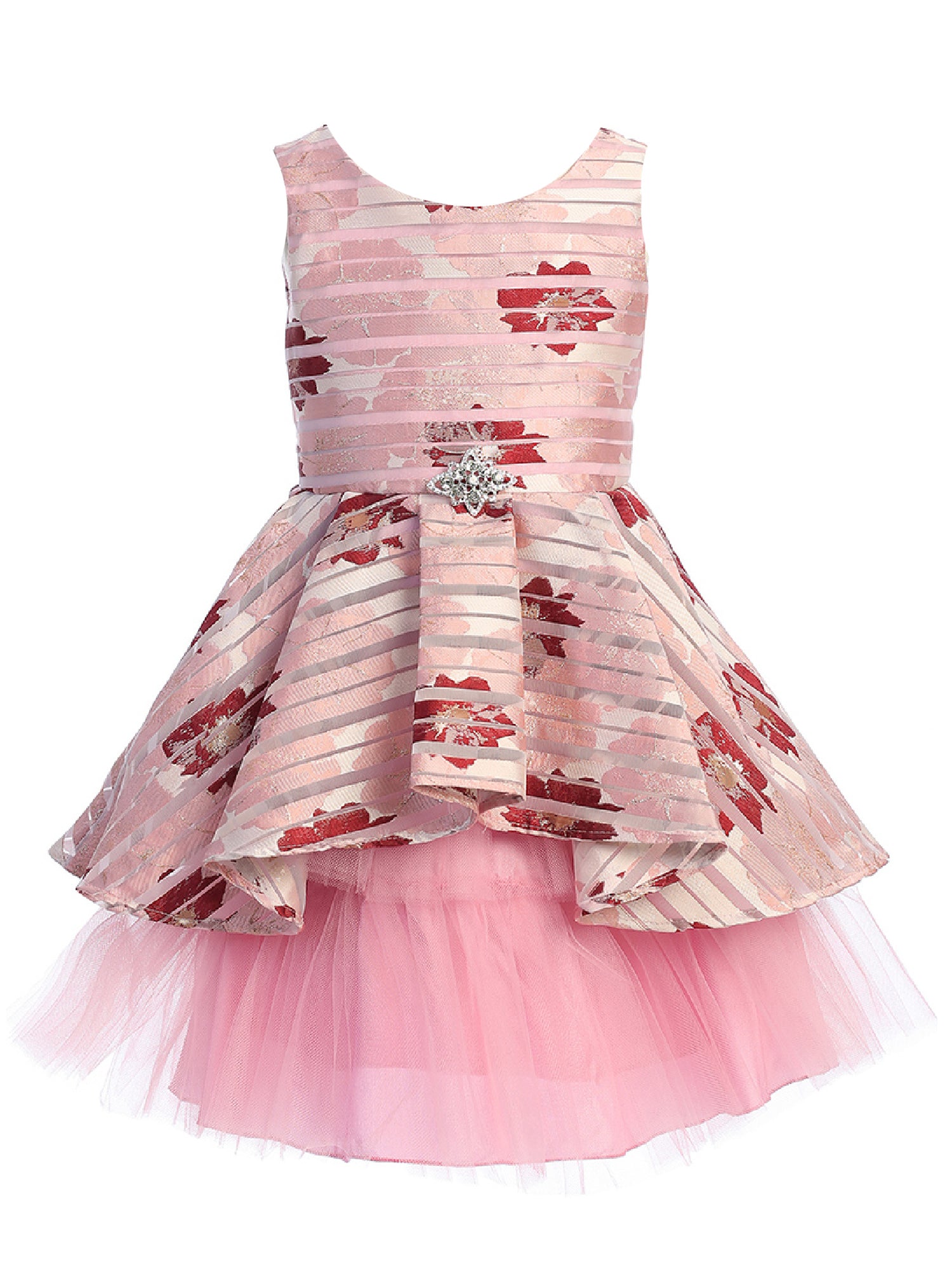 Elegant Rose Floral Print Brooch Hi-Low Junior Bridesmaid Dress for Big Girls Size 8-14 | Perfect for Weddings, Prom, and Special Occasions