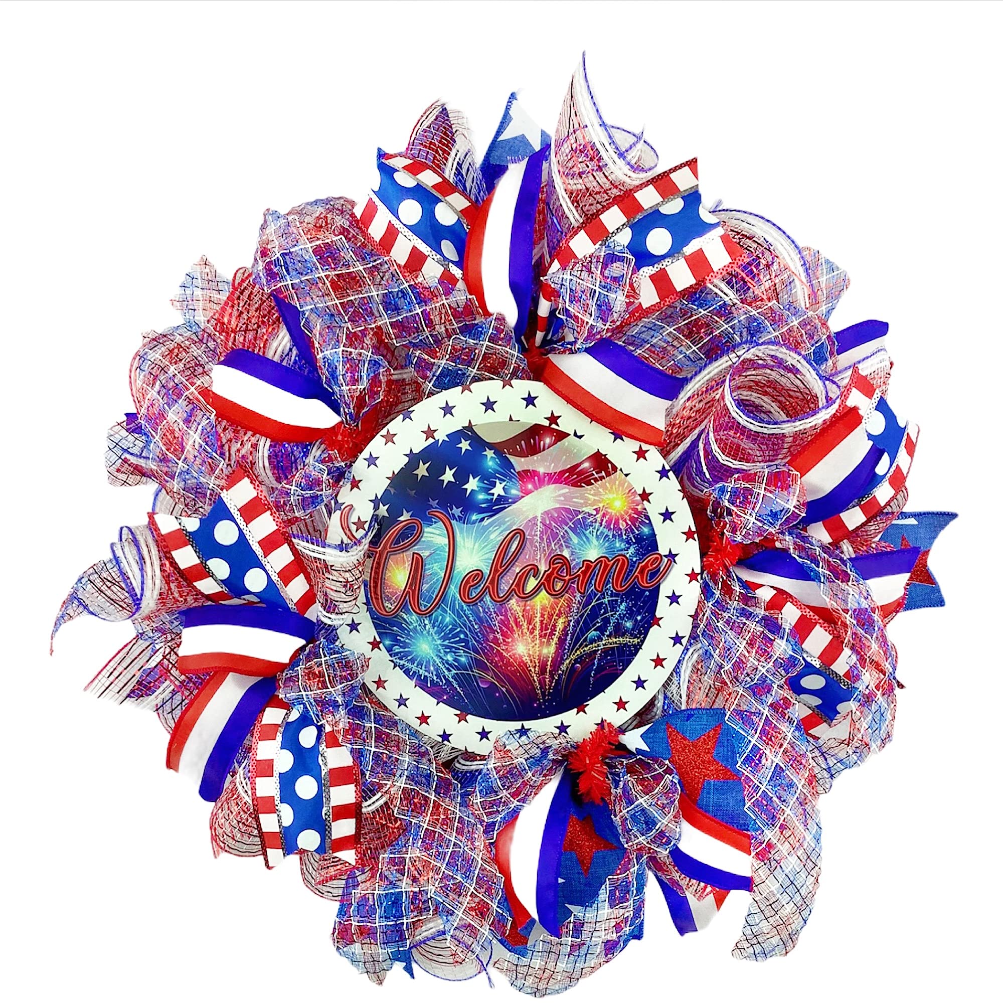 Patriotic Fireworks Welcome Wreath - Red White and Blue Front Door Decor for Independence Day & July 4th Celebrations | Perfect for Outdoor Home Decor, Front Porch Display, and Patriotic Holiday Parties