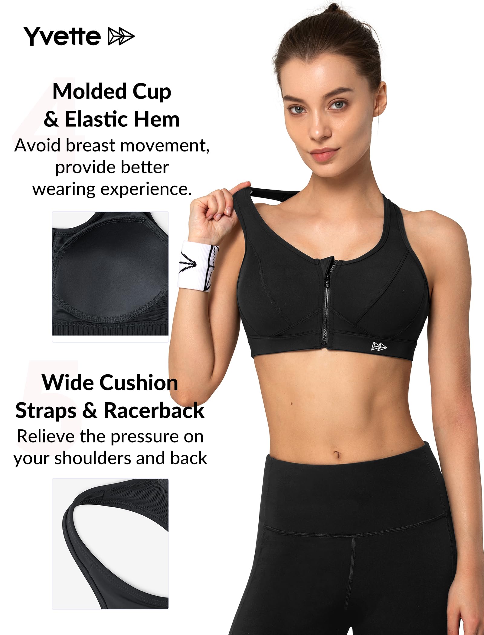 Yvette Zip Front High Impact Sports Bra for Women - Plus Size Workout, Running & Fitness Support - Perfect for Gym, CrossFit & High-Intensity Training