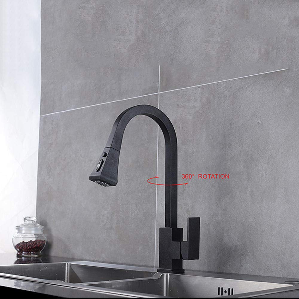 Black Pull Down Sprayer Kitchen Faucet with Copper Sink - Hot & Cold Water Telescopic Faucet for Modern Kitchens | Perfect for Washing Dishes, Filling Pots & Cleaning Sinks