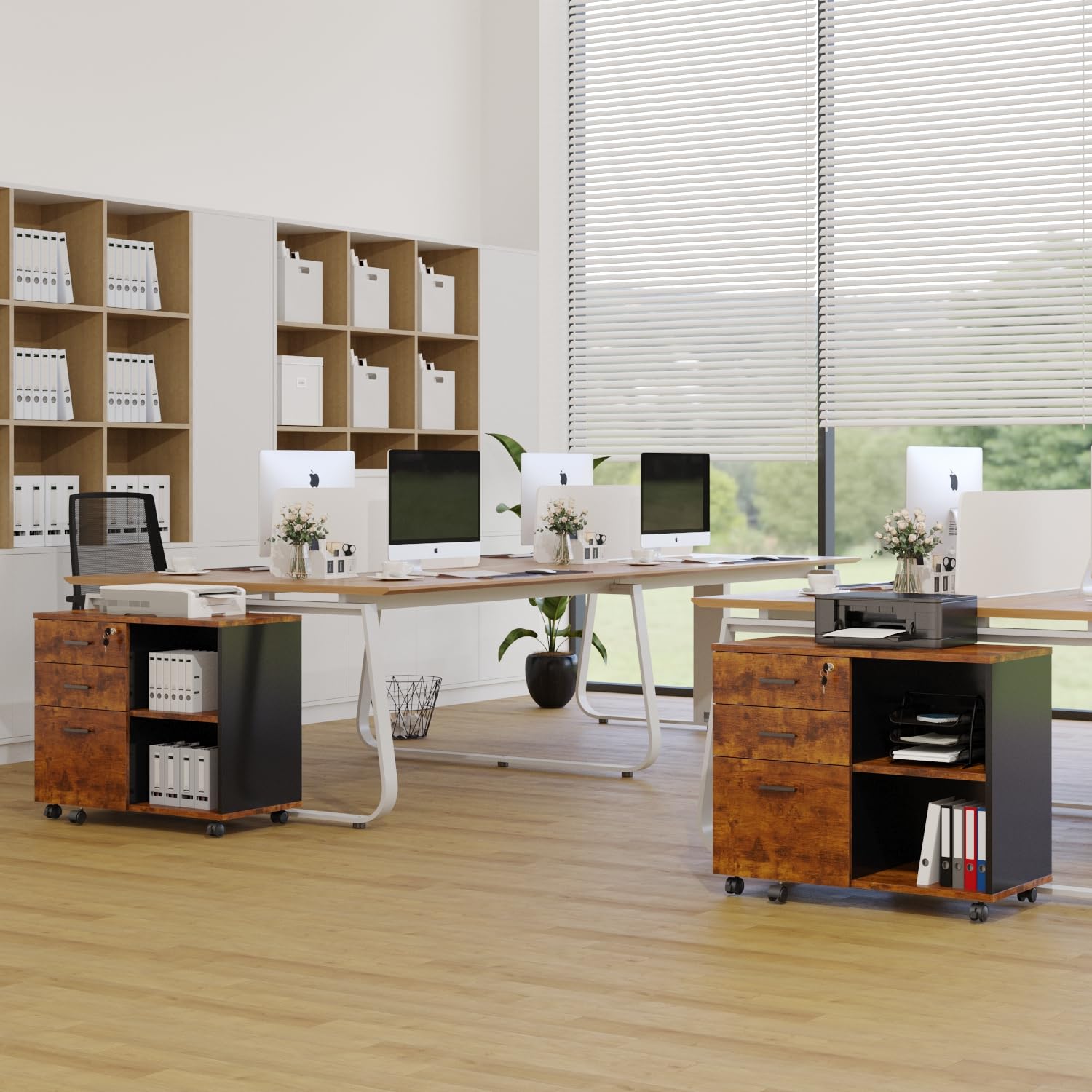 Wooden 3-Drawer Mobile Lateral File Cabinet with Wheels - Rolling Printer Stand with Open Storage Shelves for Home Office, Office Organization & Document Storage (Natural Wood Finish)