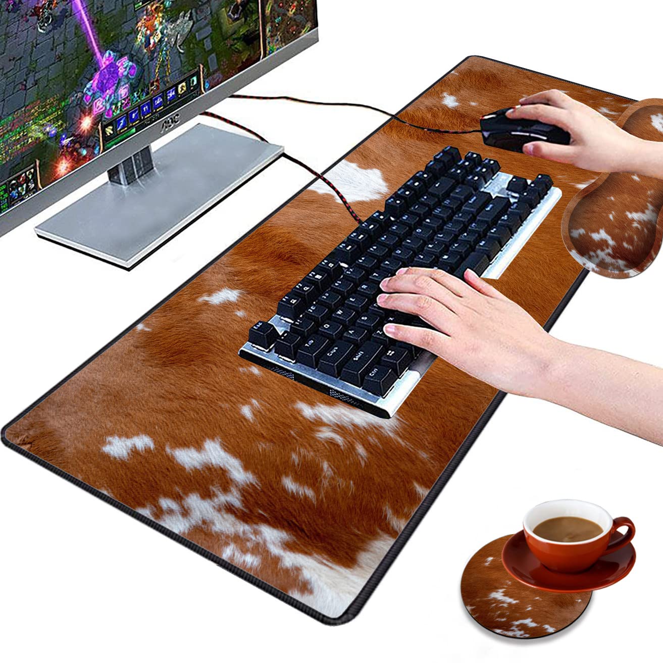 3-Piece Premium Mouse Pad Set - Large Anti-Slip Desk Mat with Stitched Edges, Memory Foam Wrist Rest & Coaster - Cowhide Leopard Brown Design for Office & Home Use - Perfect for Gaming, Work & Computer Comfort