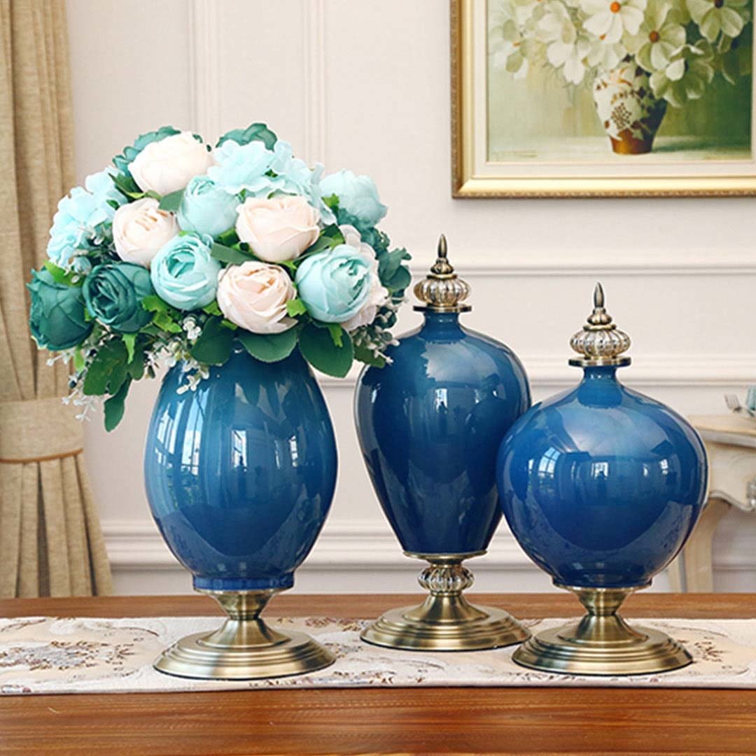 2X 40cm Ceramic Oval Flower Vase with Gold Metal Base - Modern Home Decor for Living Room, Dining Table, Wedding Centerpiece (Green)