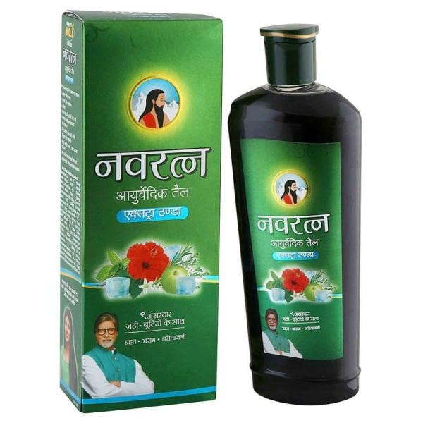 Navratna Ayurvedic Oil Extra Thanda 200ml with 50g Cooling Talc - Herbal Headache Relief & Stress Relief Oil for Massage, Yoga & Meditation | Cooling Ayurvedic Remedy for Summer Heat