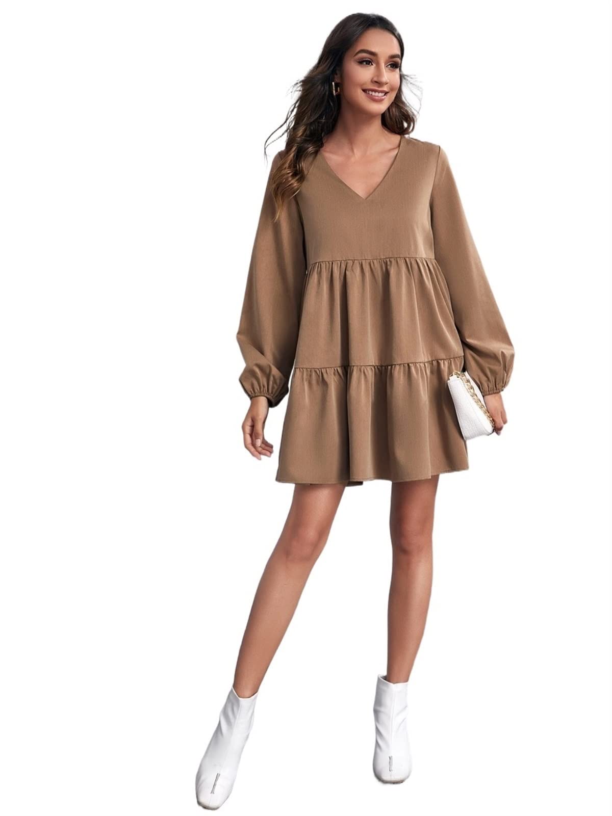 VIYAN Women's Summer Casual Dress - Lantern Sleeve Smock Dress with Short Sleeves | XS Size in Mocha Brown | Perfect for Beach Outings, Picnics & Summer Parties