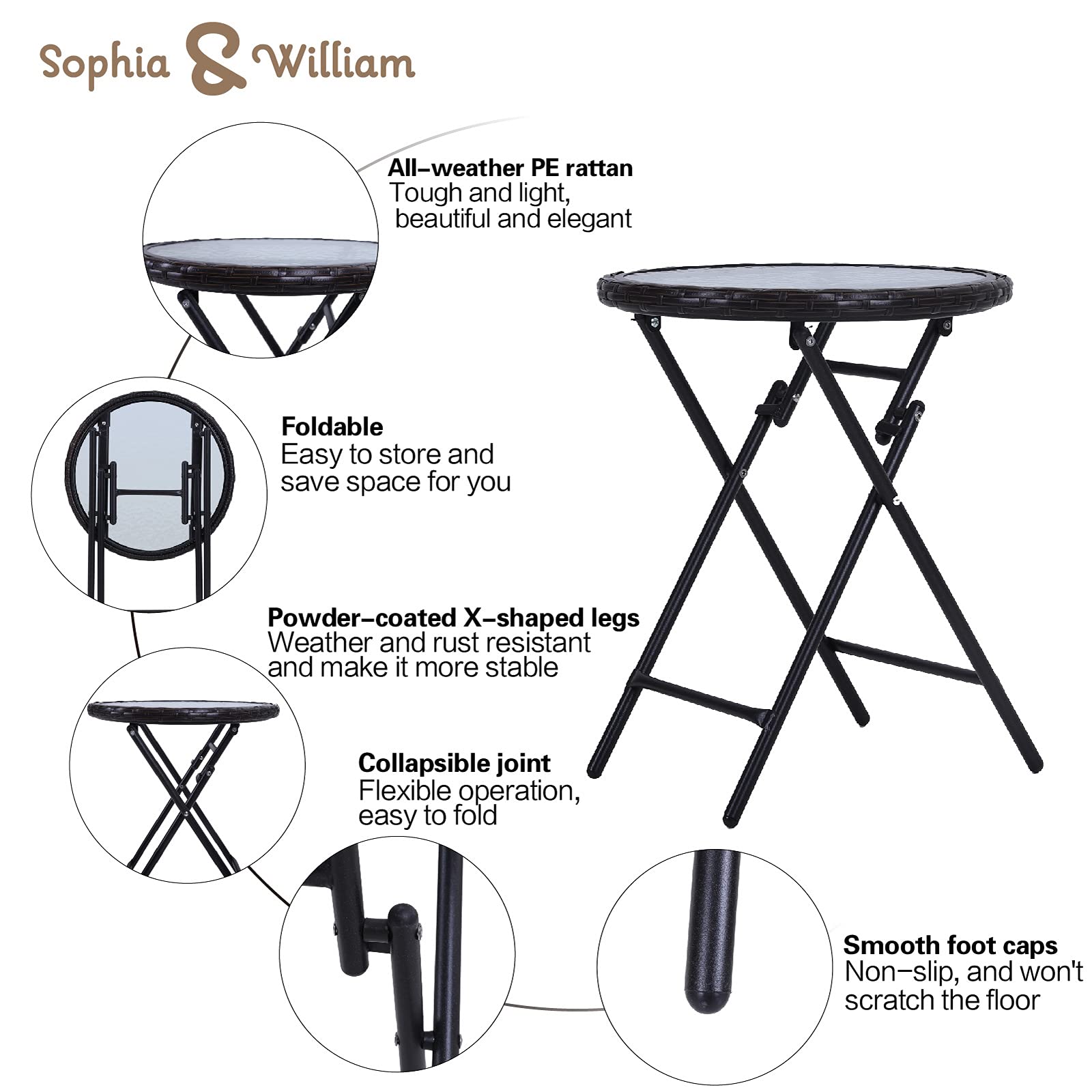 Sophia & William 2-Piece Round Outdoor Folding Side Table Set - Portable Bistro Coffee Table with Tempered Glass Top, Rattan Edge & Metal Frame - Perfect for Patio, Garden, Balcony, Poolside & Indoor Use