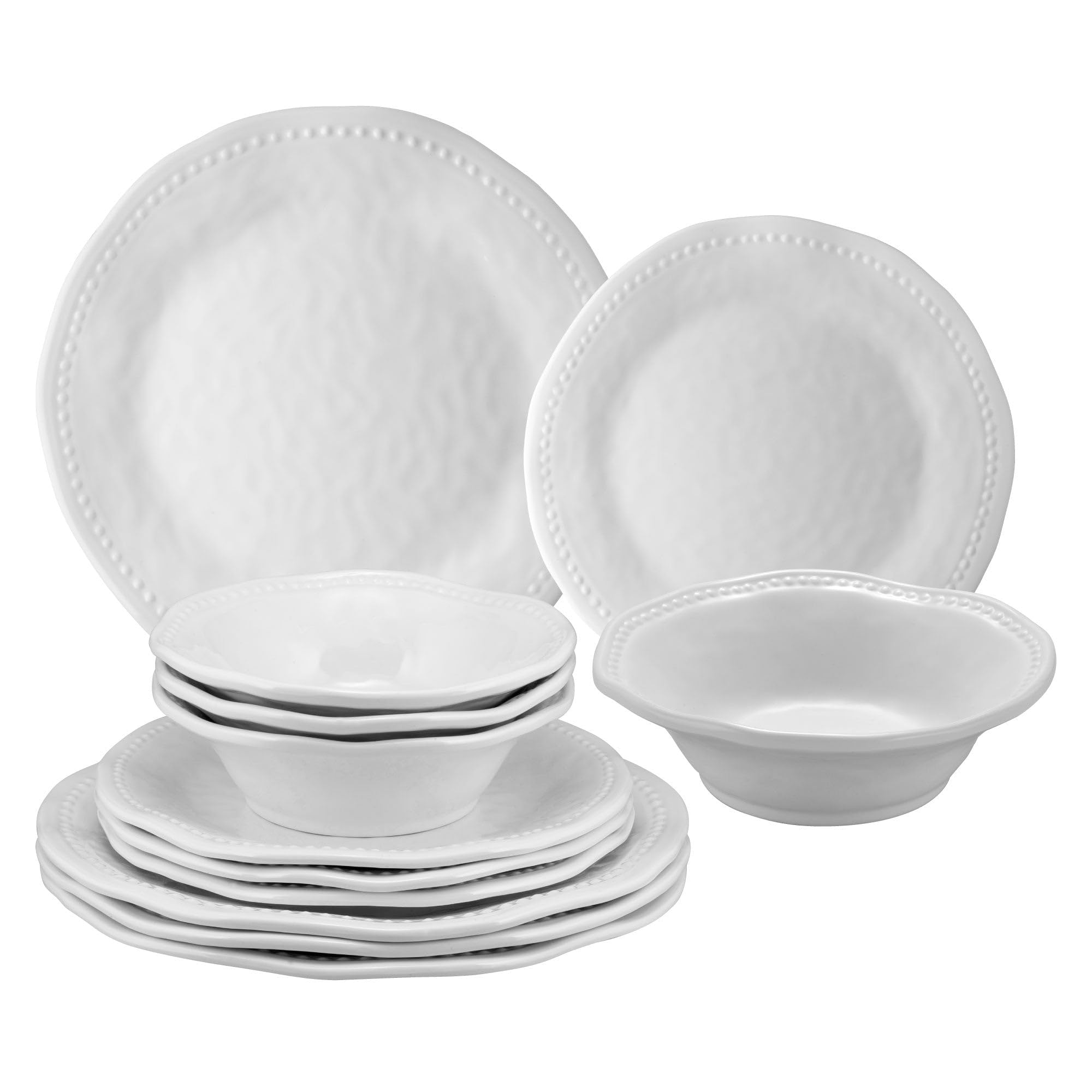 UPware 12-Piece Melamine Dinnerware Set - 4 Dinner Plates, 4 Salad Plates & 4 Bowls - Durable & Lightweight BPA-Free Dish Set for 4 - Beaded Design - Perfect for Outdoor Dining, Picnics, Camping & Everyday Use