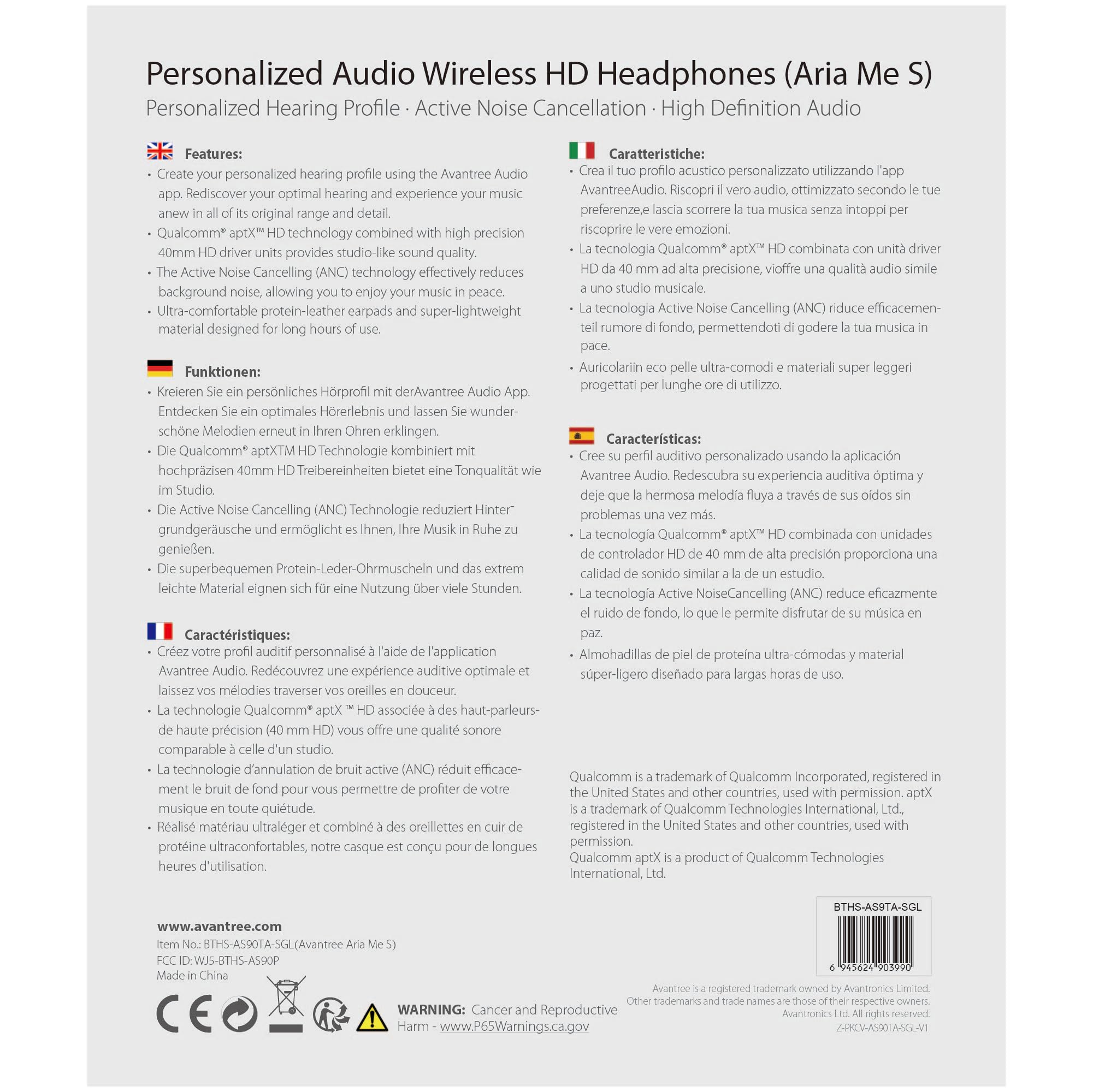Avantree Aria Me S - Wireless Bluetooth Headphones with Adjustable Left/Right Audio Balance, Active Noise Cancelling, aptX HD & Low Latency - Perfect for Seniors, Travel, Workouts & Home Entertainment