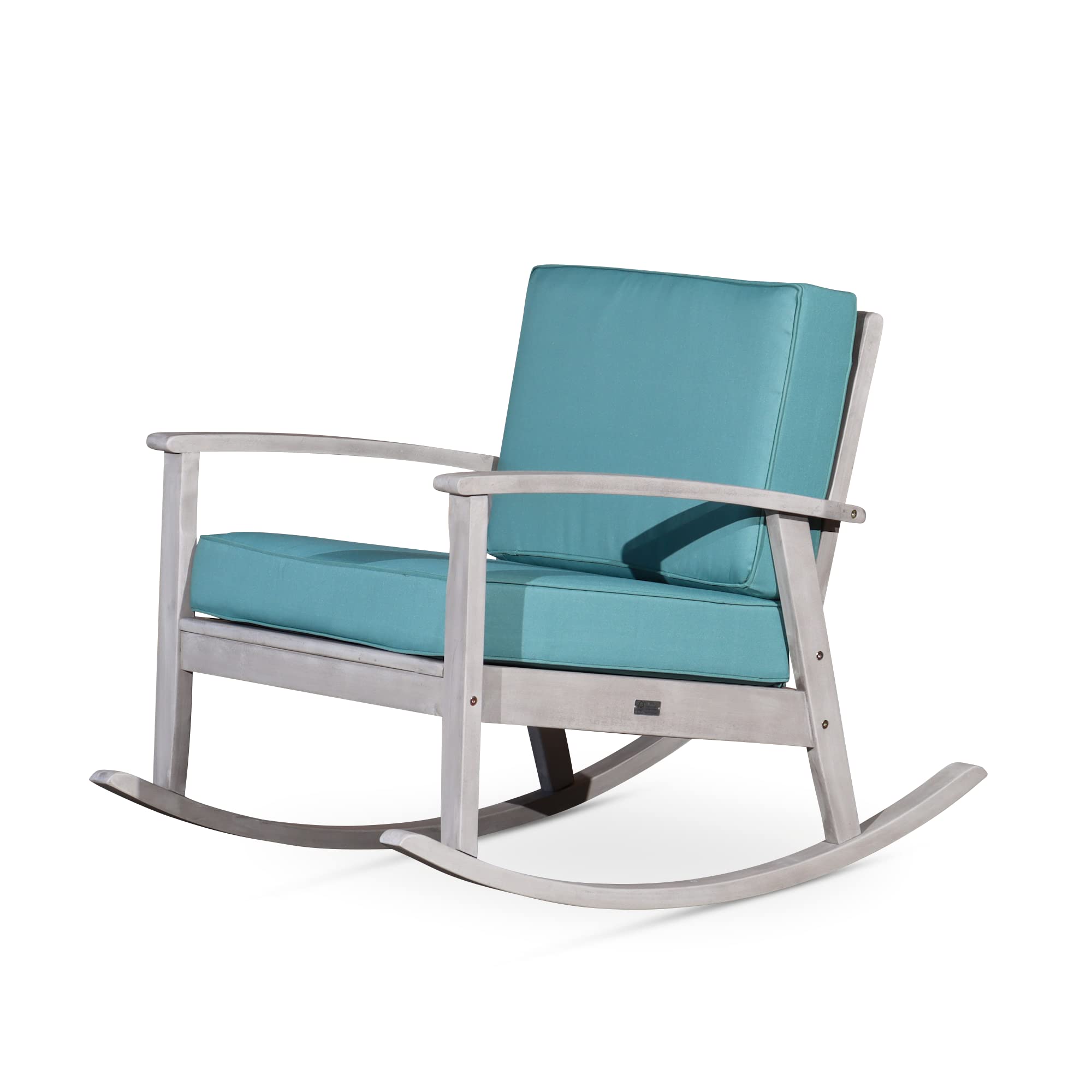 DTY Outdoor Living Longs Peak Deep Seat Eucalyptus Rocker - Silver Gray Finish with Sage Green Cushions | Patio Rocking Chair for Porch, Garden & Backyard Relaxation