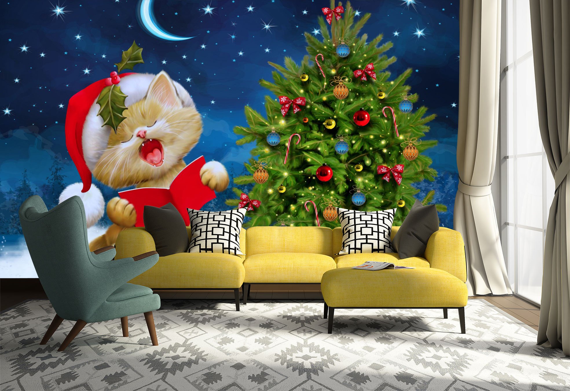 3D Cat Christmas Tree Wall Decal - Self-Adhesive Removable Vinyl Wallpaper Mural (164