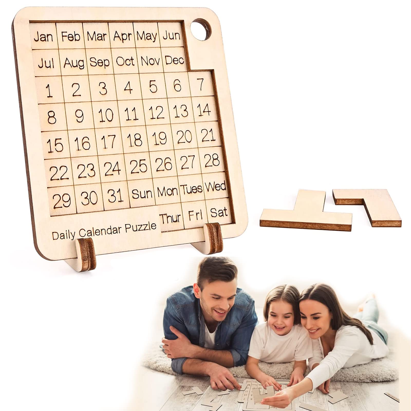 A-Puzzle-A-Day: Wooden Daily Calendar Puzzle for Adults - 365+ Date Challenge, Office Logic Brain Teaser (Wood Red) - Perfect for Stress Relief, Gifts & Home Decor