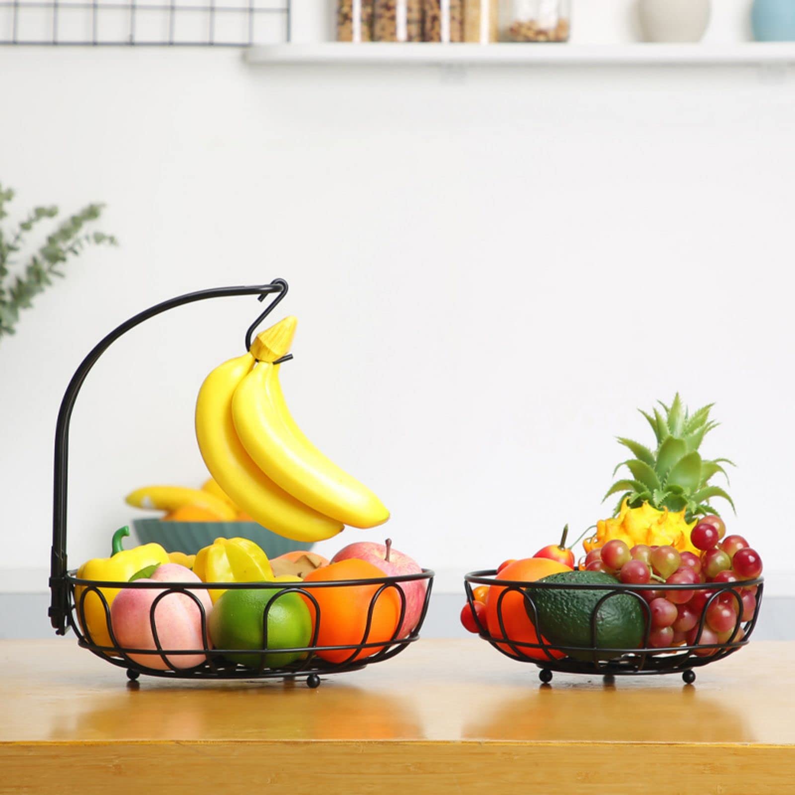 2 Tier Wrought Iron Fruit Basket - Kitchen Countertop Storage Organizer with Removable Wire Bowls & Banana Hanger - Perfect for Storing Fruits, Vegetables in Dining Room, Pantry or Breakfast Nook