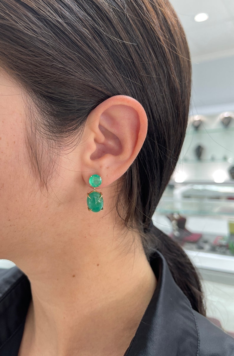 14K Yellow Gold Colombian Emerald Dangle Earrings - 16.82tcw Round & Oval Cut Statement Jewelry for Women | Perfect for Weddings, Parties & Special Occasions
