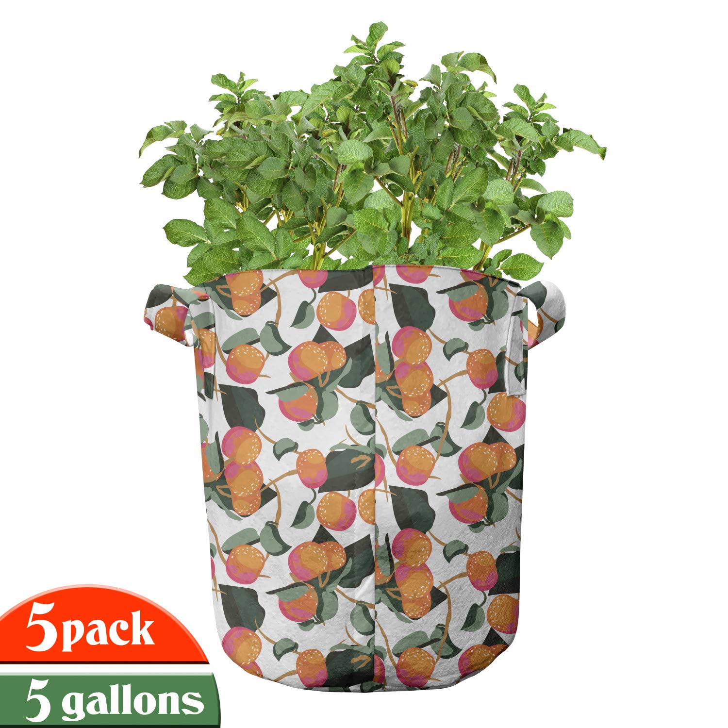 Ambesonne 5-Pack Heavy Duty Fabric Grow Bags with Handles - Citrus Mandarin with Leaves Design, Durable Plant Pots for Fruits, Vegetables & Herbs - Perfect for Indoor Gardening, Balcony Planting & Urban Farming