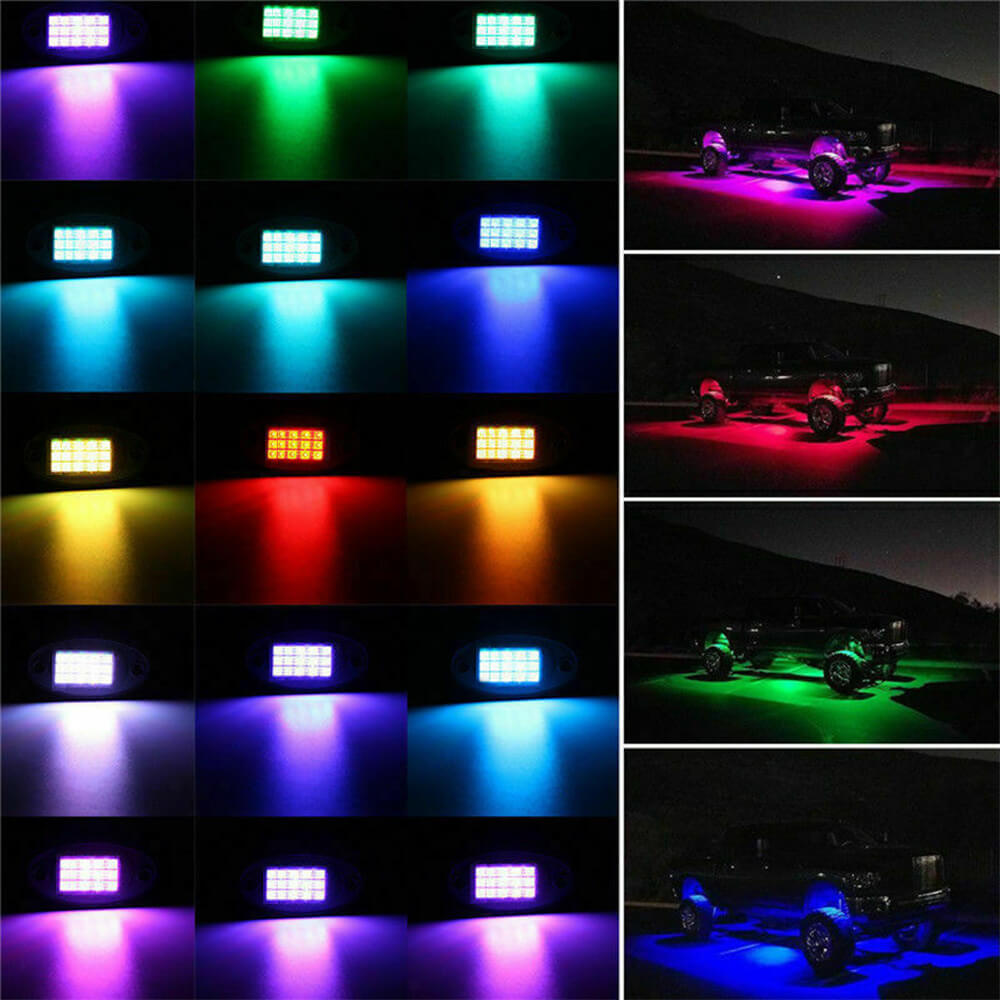 RGB LED Pod Rock Lights Kit - Wireless APP Control, Music Sync & Chasing Effects Underbody Neon Lights for 12V SUV, Jeep, Truck (15 LEDs Per Light) - Perfect for Off-Roading, Car Shows & Night Driving