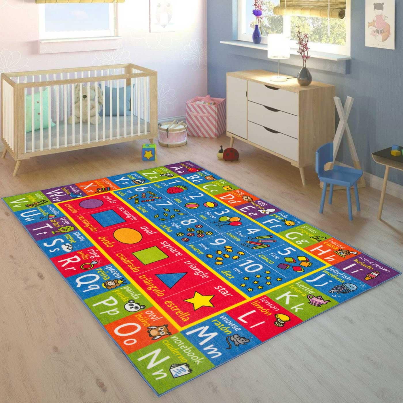 KC Cubs ABC Alphabet, Seasons, Days & Spanish Bilingual Educational Rug - Kids Learning Play Mat for Bedroom, Classroom & Playroom - Perfect for Toddler Activities & Early Childhood Education
