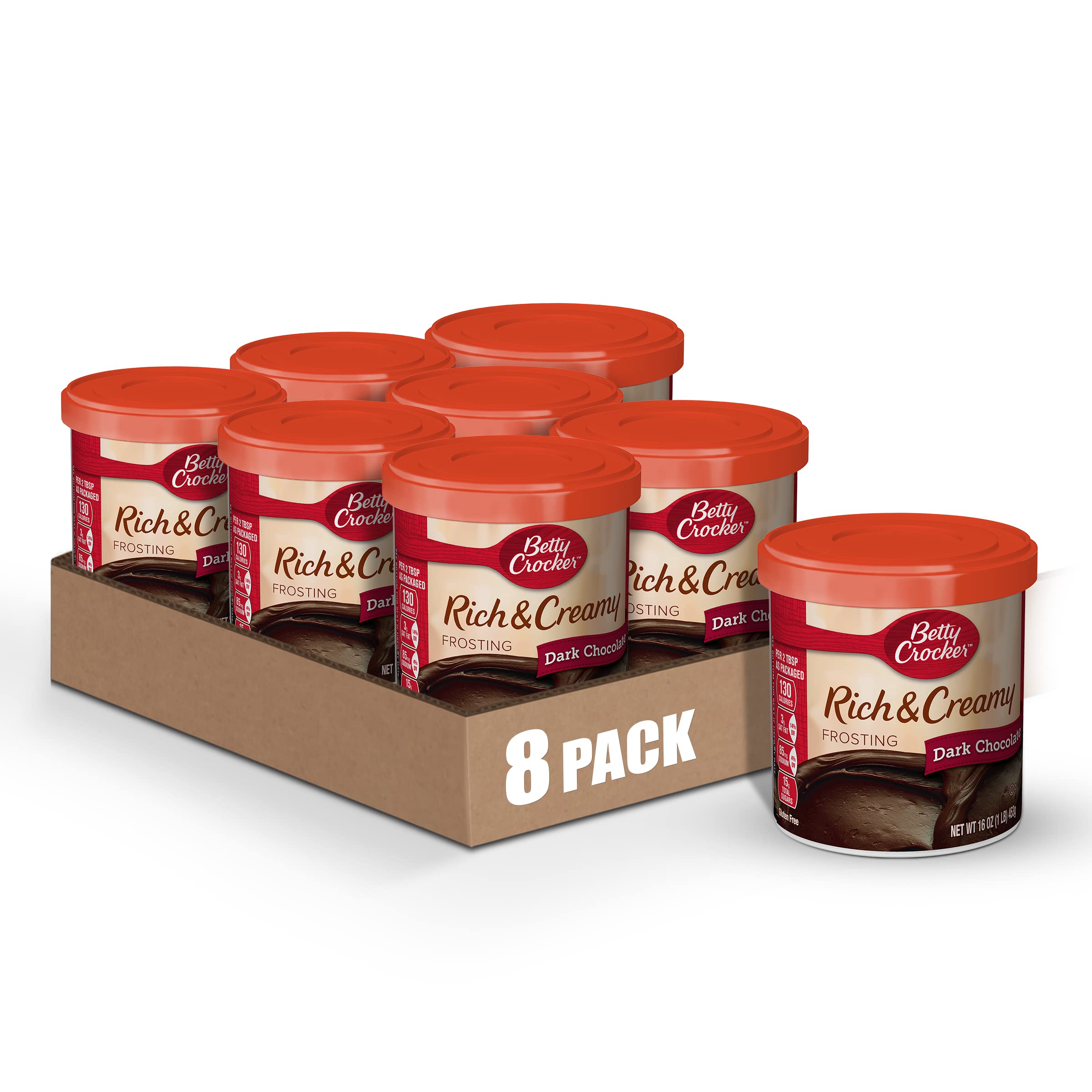 Betty Crocker Gluten Free Dark Chocolate Frosting - Rich & Creamy Icing for Cakes, Cupcakes & Desserts - 16 oz (Pack of 8) - Perfect for Birthday Parties, Baking & Holiday Treats