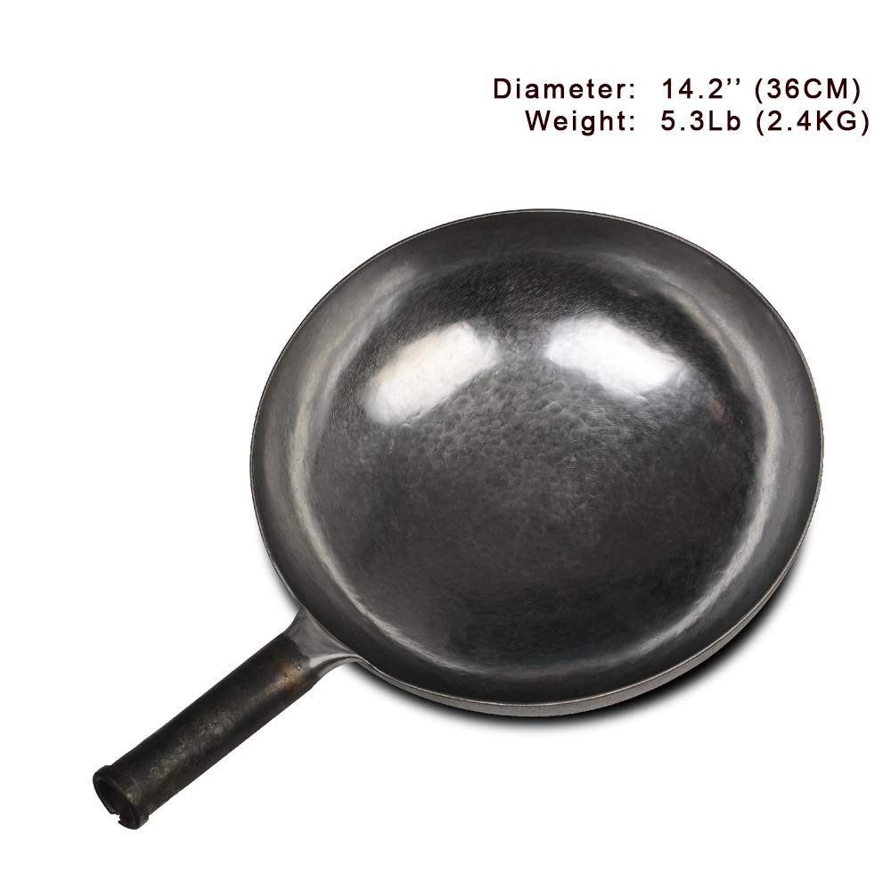 ZhenSanHuan Premium Hand-Forged Carbon Steel Wok Pan - 36cm Unseasoned Chinese Iron Wok for Stir Frying | Non-Toxic, Chemical-Free, Natural Non-Stick Surface | Perfect for Home Cooking, Restaurant Use & Professional Chefs