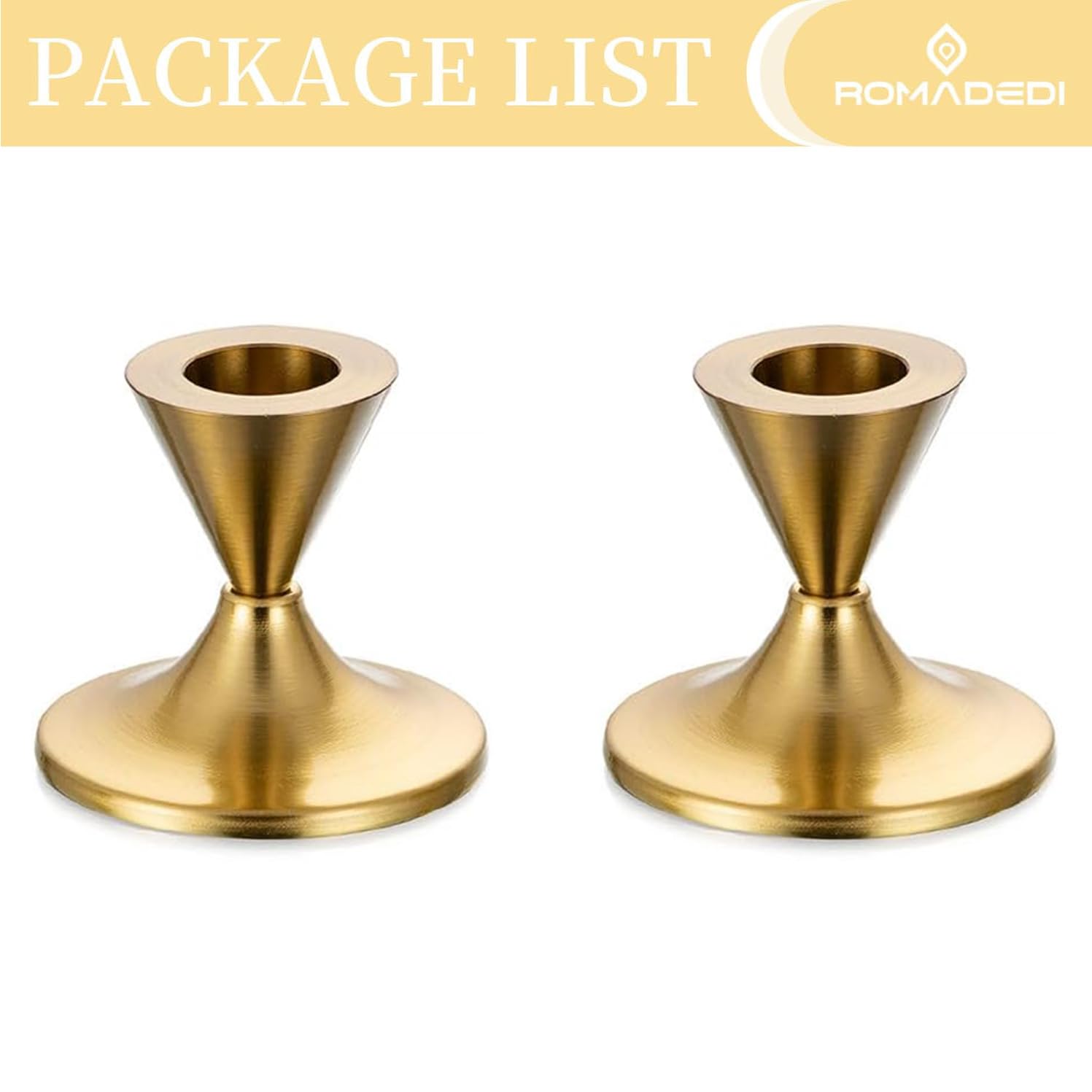 Romadedi 2-Piece Gold Brass Candlestick Holders for Taper Candles - Elegant Table Centerpiece for Weddings, Christmas Mantel Decor & Home Decoration - Perfect for Dining Tables, Fireplace Displays & Holiday Celebrations
