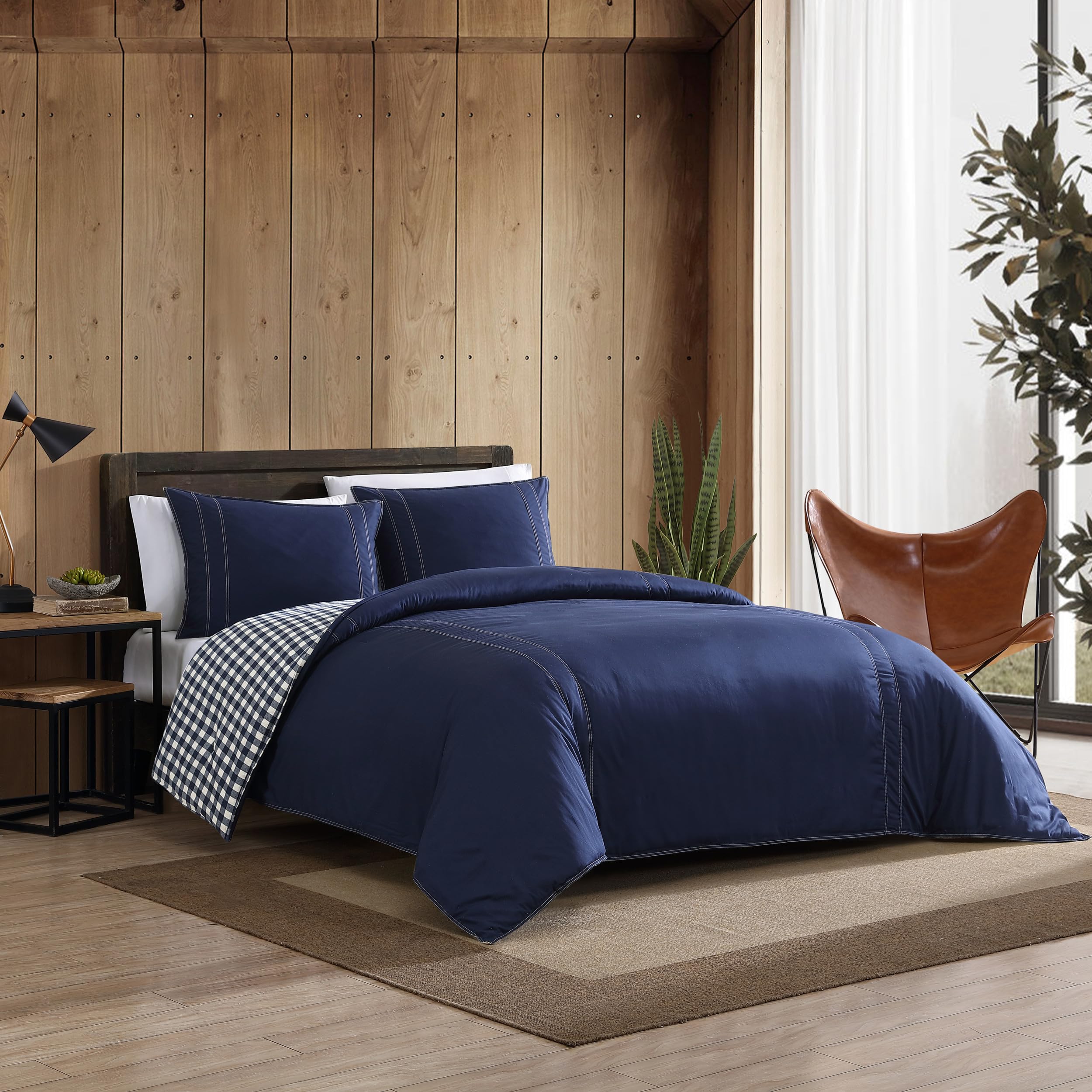 Eddie Bauer Reversible Queen Comforter Set - 100% Cotton Bedding with Matching Shams, Pre-Washed for Ultra Softness (Kingston Navy) | Cozy Home Decor for Bedroom & Guest Room