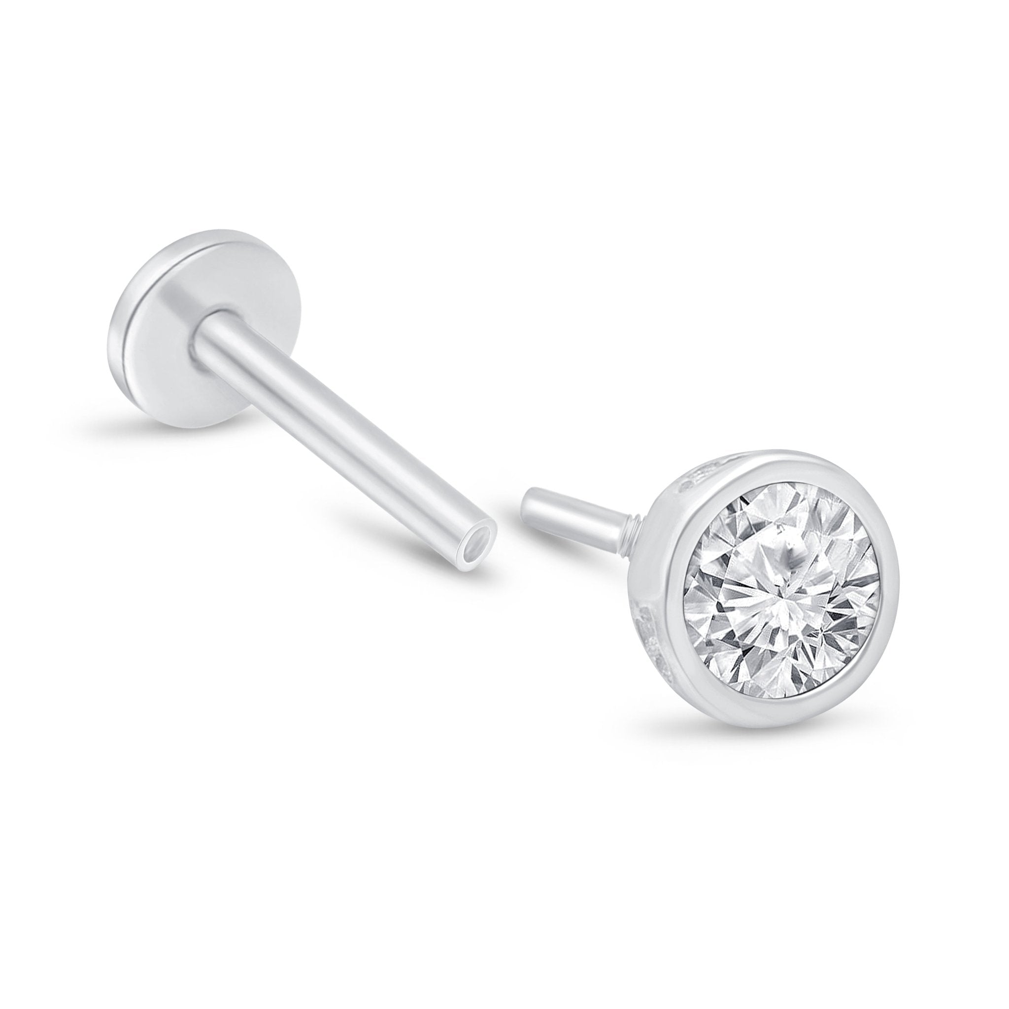 14K White Gold Round Gemstone Flat Back Stud Earrings - Bezel Set for Secure Wear | Perfect for Daily Use, Parties & Gifting
