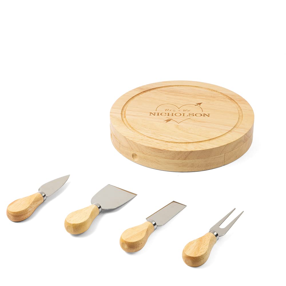 Personalized Wooden Cheese Board with Custom Name - Round Charcuterie Board & 4 Knives Set - 220x36mm Cheese Cutting Board - Perfect Gift for Mother's Day, Anniversary, Birthday - Ideal for Wine Parties, Picnics, and Home Entertaining