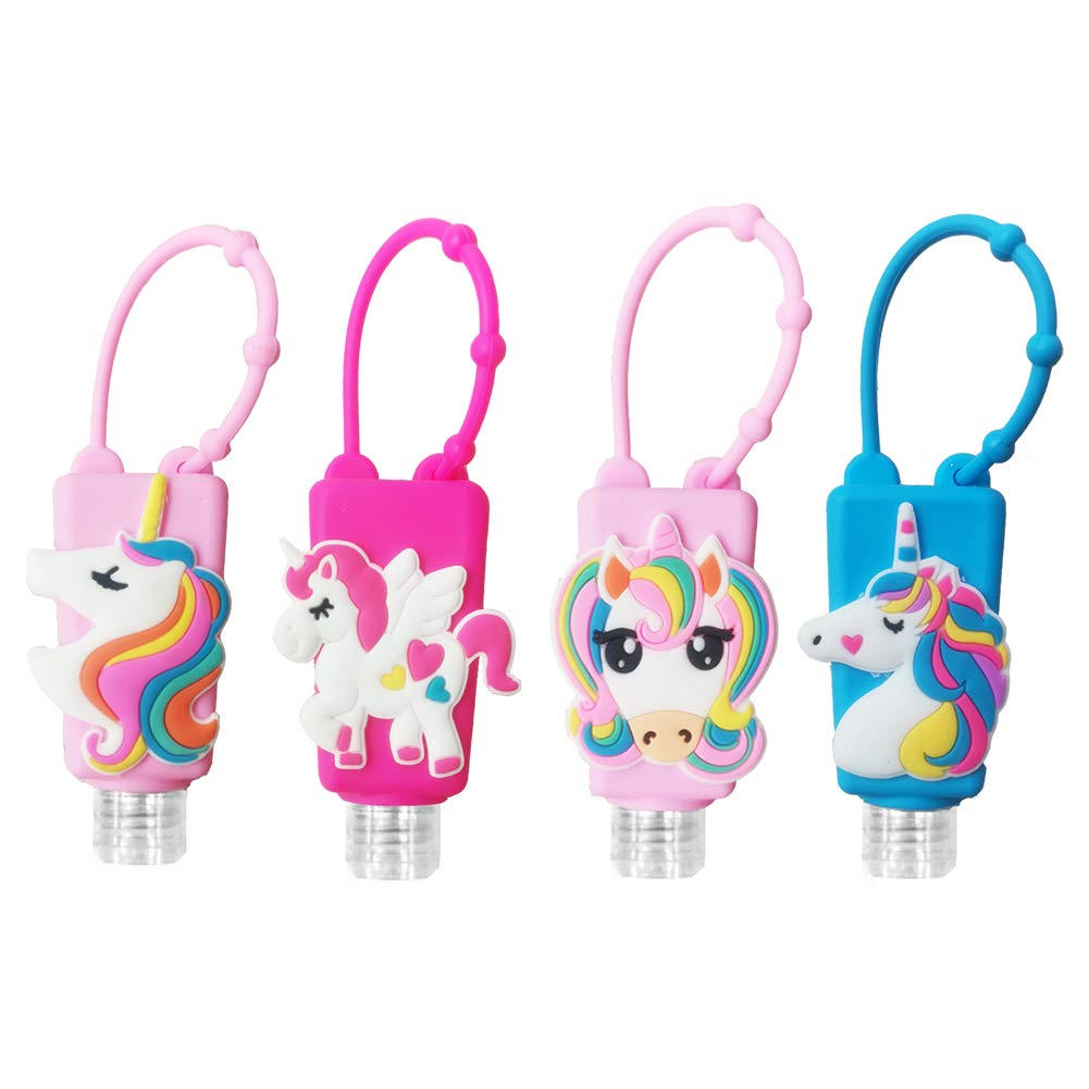 4Pcs Unicorn Kids Travel Bottles Set - Leak Proof Refillable Toiletries Containers with Detachable Hand Sanitizer Holder & Silicone Case | Cute Cartoon Empty Bottles for Shampoo, Lotion, Soap | Perfect for School, Vacation, Camping Trips