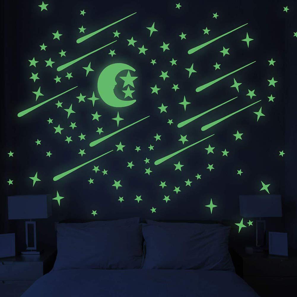 Glow in the Dark Meteor Star Moon Wall Stickers - Fluorescent Galaxy Wall Decals for Kids Bedroom, Nursery, Playroom Decor - Perfect for Space Themed Rooms & Nighttime Glow Effects