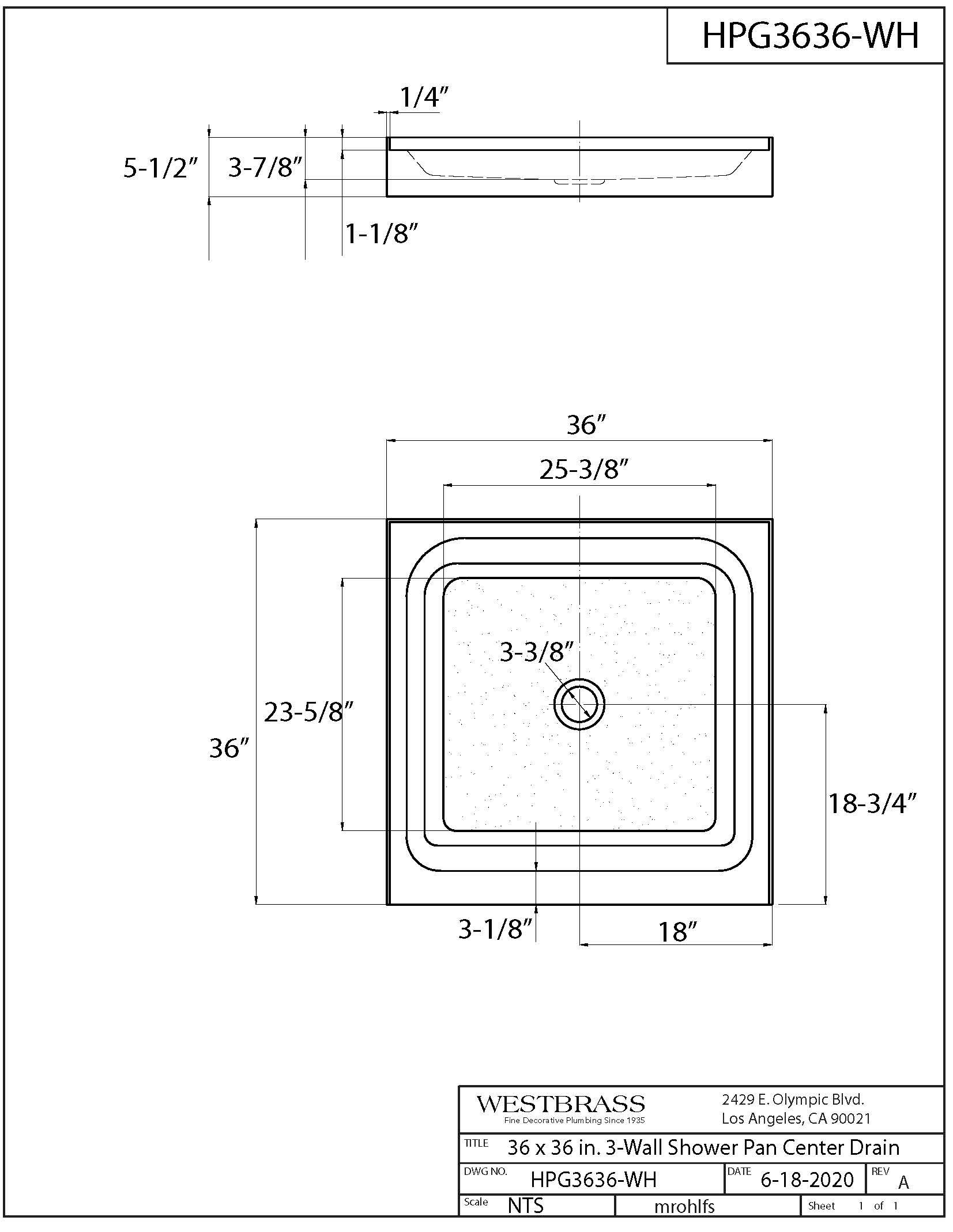 Westbrass SP3636WP-07 36x36 Inch 3-Wall Shower Pan with Plastic Center Drain & 4.25