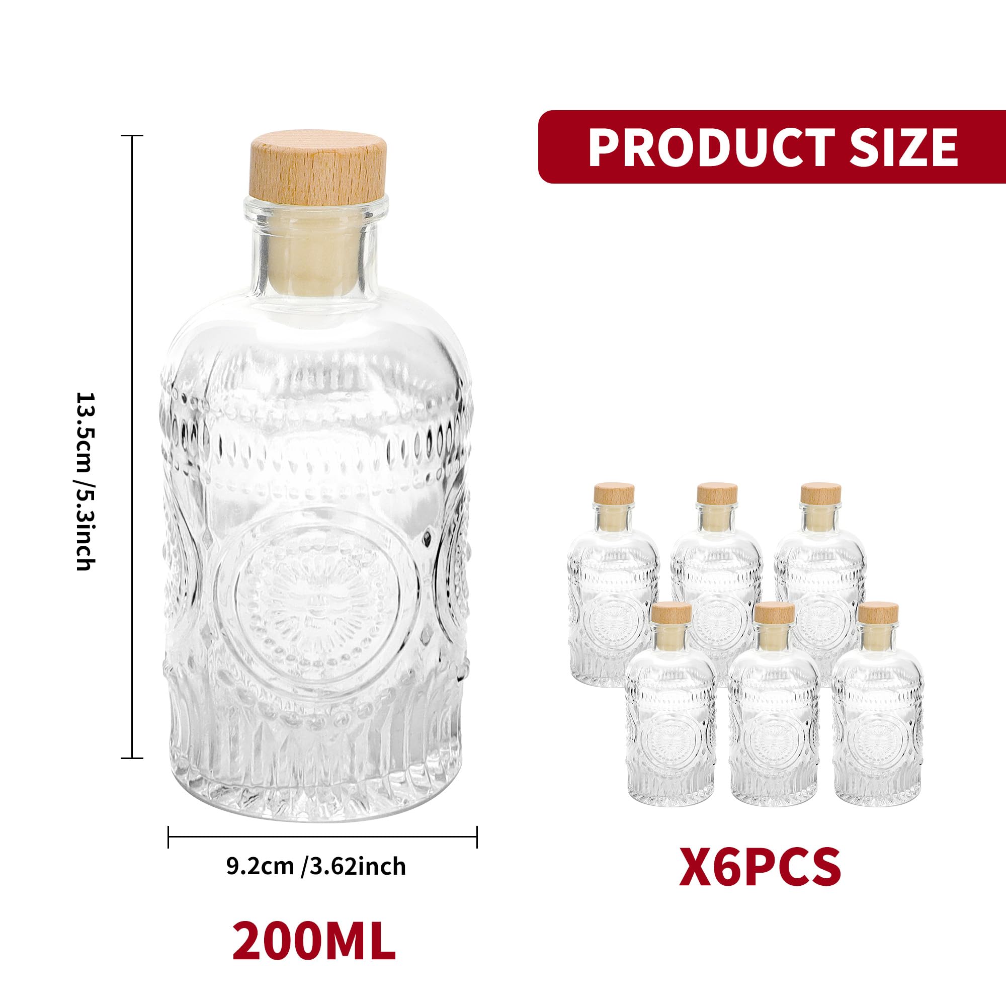 6 oz Clear Glass Bottles with T-Top Cap [Pack of 6] - 200ml Heavy Base Bottles for Wine, Beverages, Oil, Vinegar, Kombucha, Beer, Water & Soda - Airtight Cork Stopper & Sunflower Design - Perfect for Home Brewing, DIY Drinks, Gift Packaging & Kitchen Storage