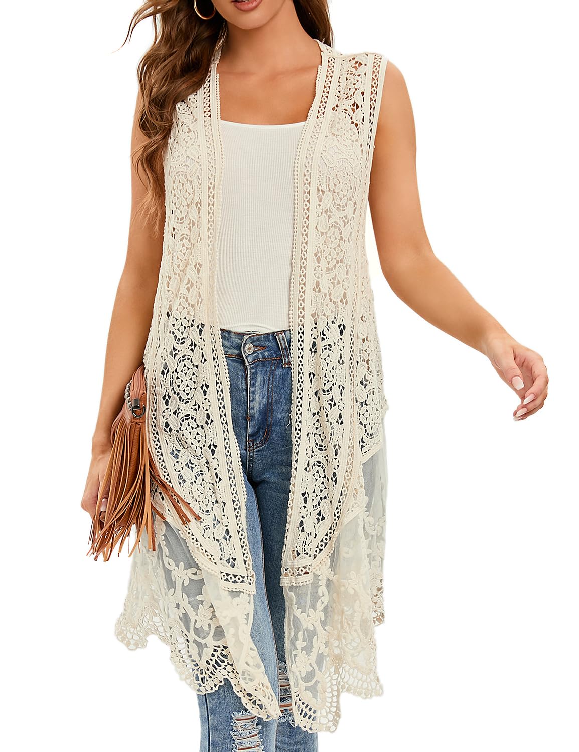 Lightweight Sheer Crochet Cardigan - Sleeveless Mesh Cover Up Vest for Women | Boho Hippie Beachwear, Summer Festival Outfit, Layering Styling