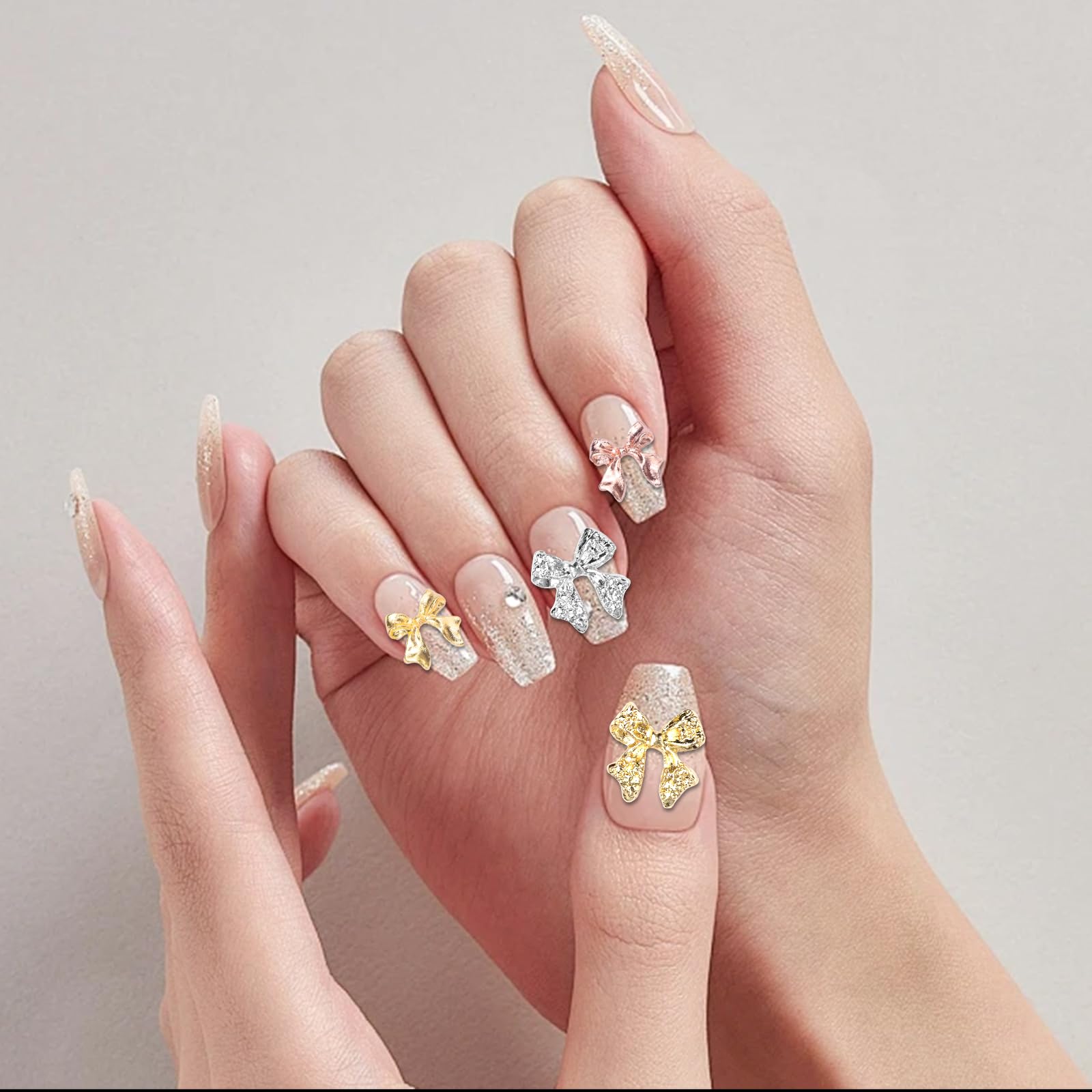 60 Pcs Metal Bow Nail Charms - 3D Golden Silver Gray Alloy Bowknots for Acrylic Nails DIY - Luxury Shiny Bow Tie Nail Gems - Perfect for Nail Art, Manicures, and Professional Salon Use