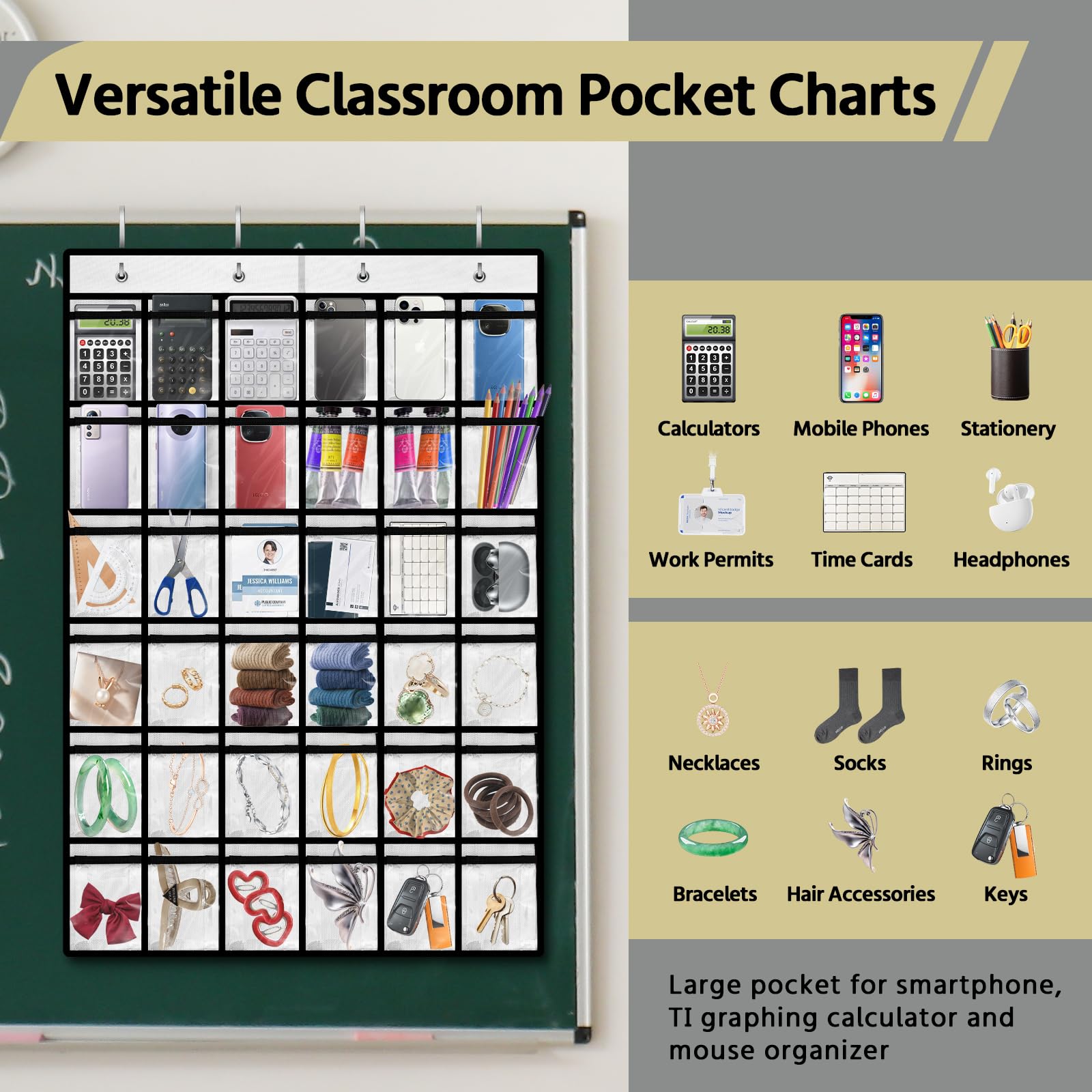 PAULONE 36-Pocket Classroom Organizer - Wall Mounted Storage Chart for Phones, Calculators & Small Items - White Hanging Door Pocket Chart for Teachers & Students - Perfect for Classroom, Office & Home Organization