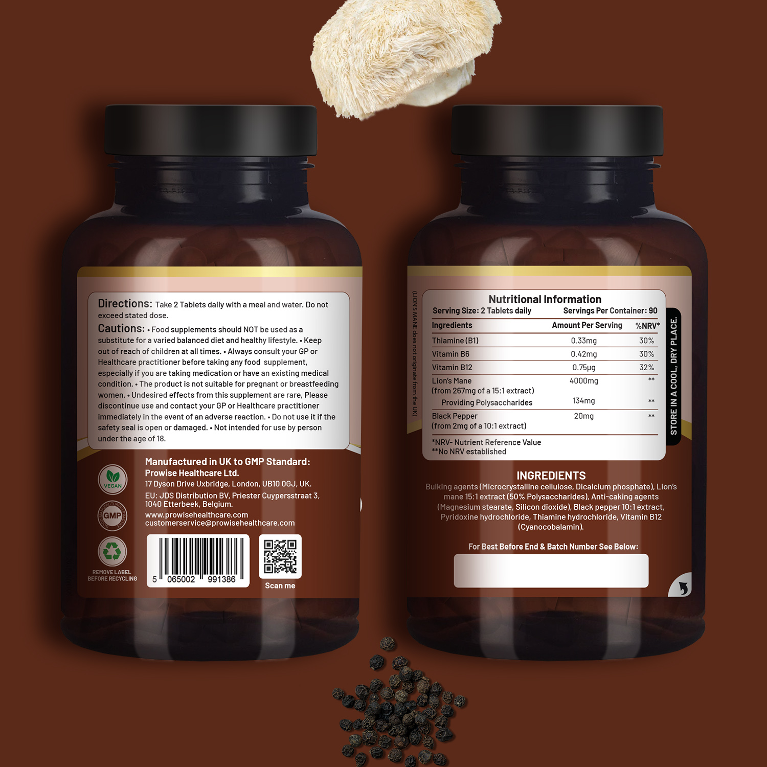 Organic Lions Mane Mushroom Supplement 4000mg - Vegan Brain Booster with Vitamin B1, B6, B12 & Black Pepper Extract | 180 Super Strength Tablets, 50% Polysaccharides | Memory, Focus & Cognitive Support | Made in UK by Prowise