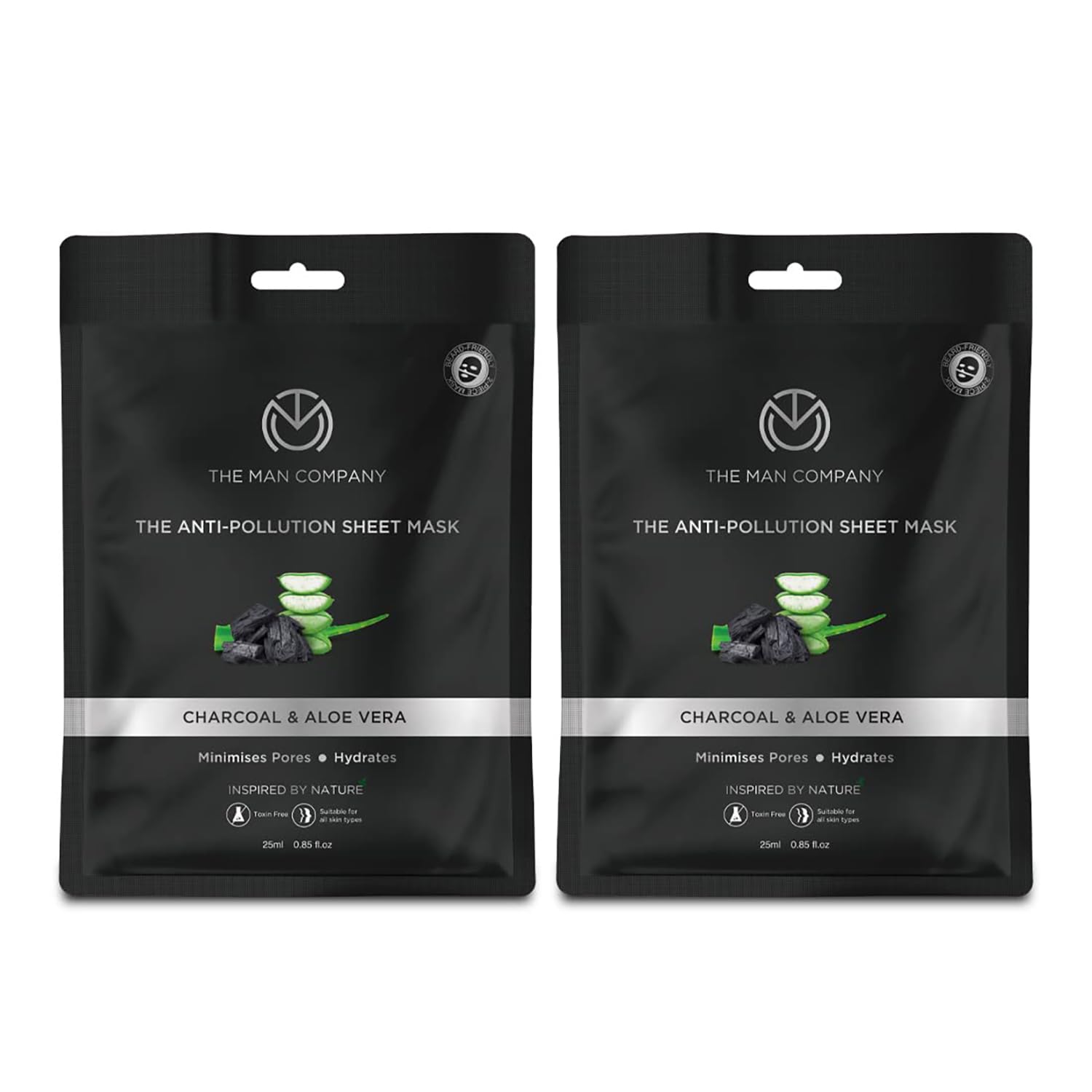 The Man Company Charcoal De-Tan Face Sheet Mask with Aloe Vera & Hyaluronic Acid - 25ml x 2 Pack | Detoxifying & Brightening for Men | Perfect for Post-Sun Care & Skin Rejuvenation