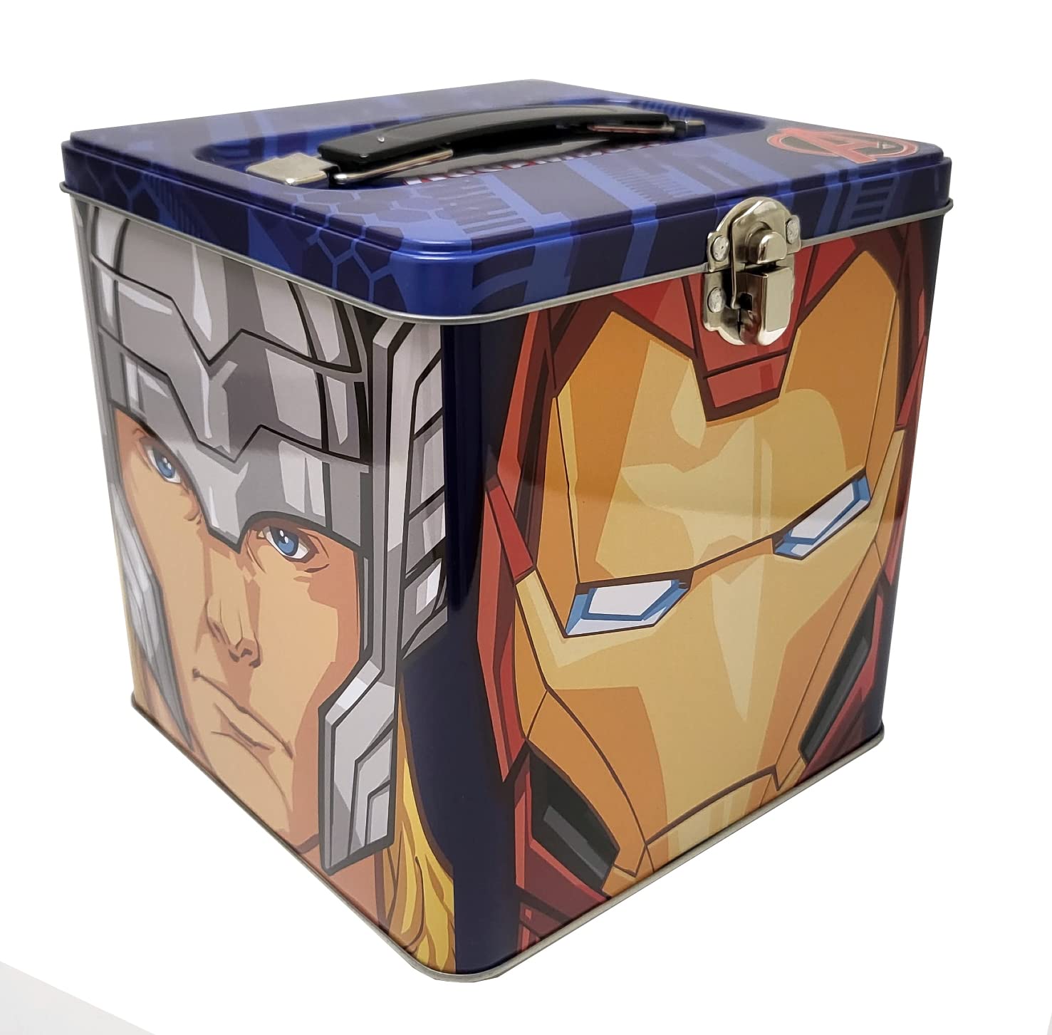 Marvel Avengers Stackable Storage Tin Box with Handle - Blue Superhero Collectible Organizer for Toys, Comics & Memorabilia | Perfect for Kids' Room, Office Desk & Gift Giving