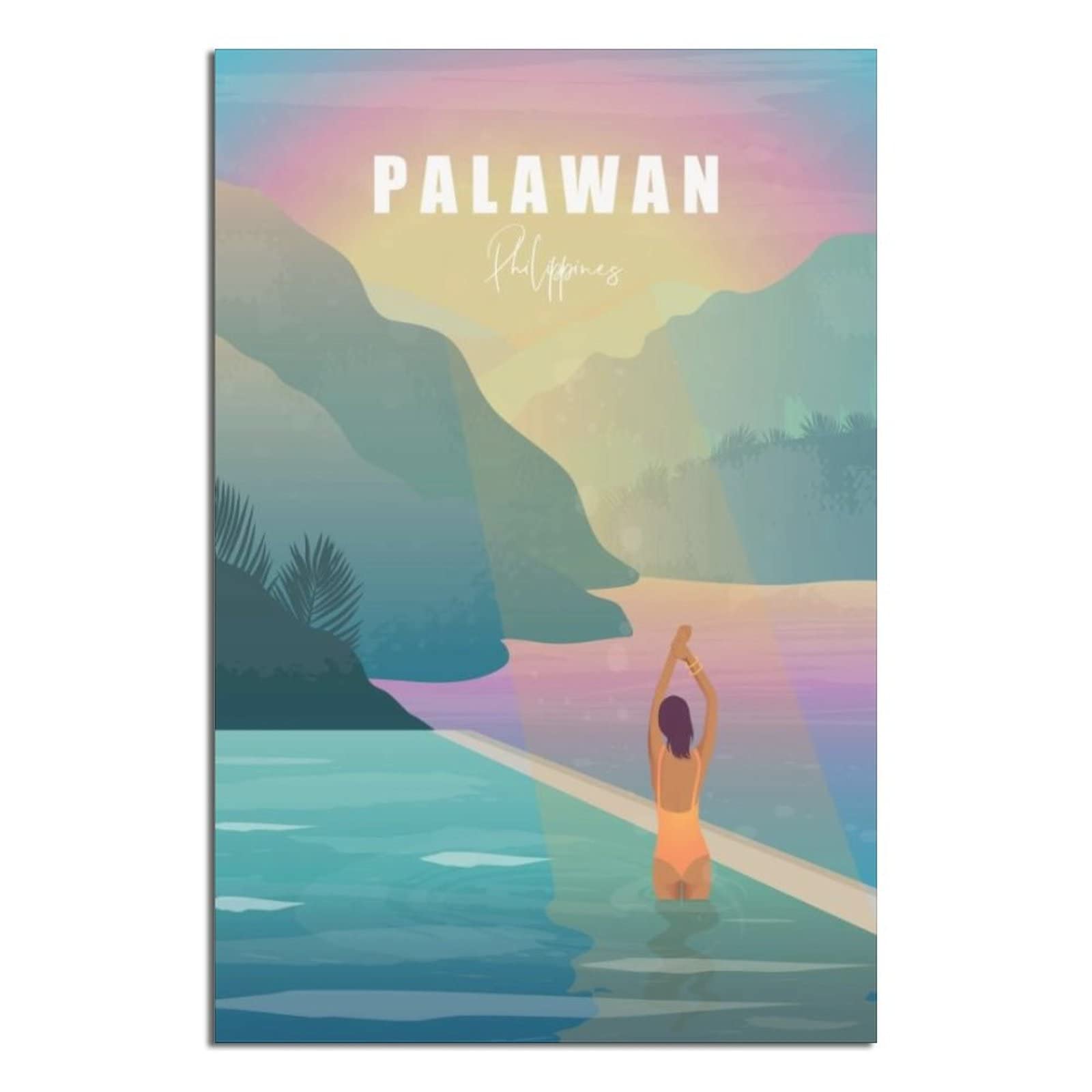 Vintage Palawan Philippines Travel Poster - Sunny Girl Wall Art Decor, Modern Office Canvas Painting (16x24 Inches, 40x60cm) - Perfect for Home, Living Room, Bedroom & Office Decoration