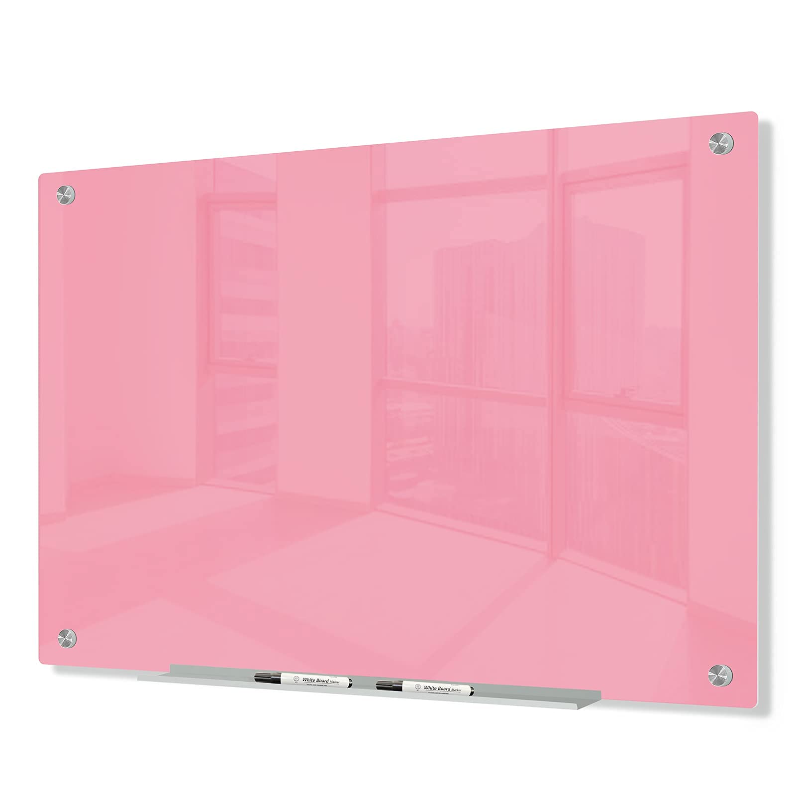 J&J Worldwide Magnetic Glass Whiteboard 47x35 Inch - Frameless Wall Mounted Dry Erase Board with Markers, Magnets & Eraser - Pink Surface Glass Whiteboard for Office, Home, School, Conference Room & Classroom Organization