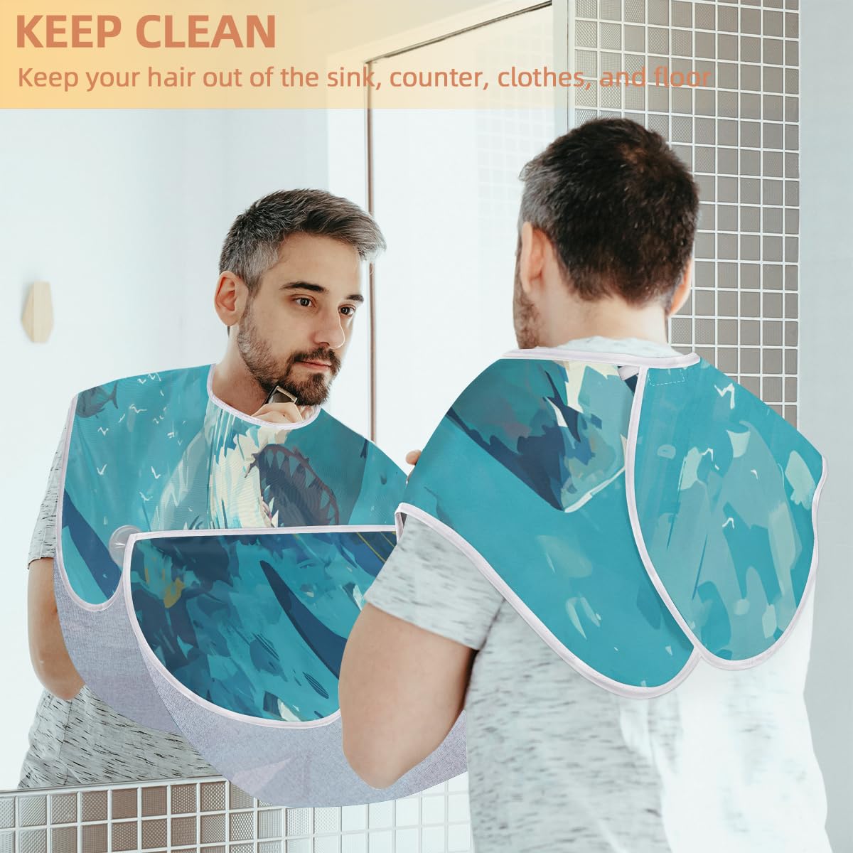 Ocean Shark Animal Beard Shaving Bib for Men - Waterproof Barber Cape for Hair Dye, Makeup & Beard Trimming - Sink Hair Catcher & Grooming Accessories - Perfect for Salon, Home Haircuts & DIY Styling