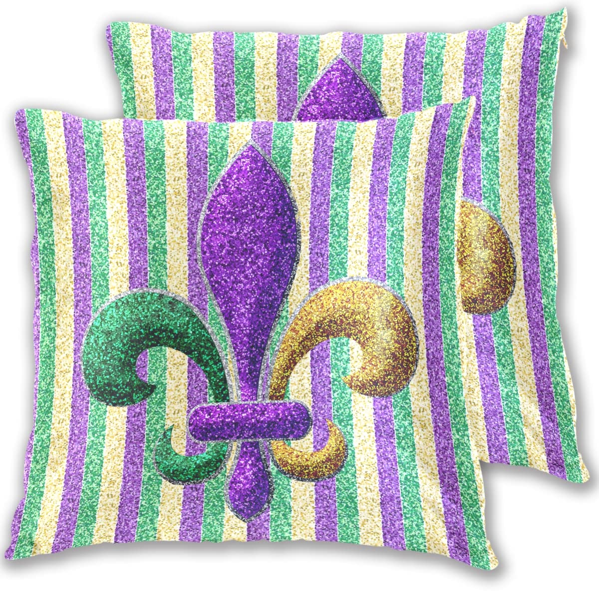 **Aflyko Fat Tuesday Mardi Gras Throw Pillow Covers - Glitter Purple Green Yellow Stripes (2 Pack, 18x18 Inch) - Party Decor, Sofa Cushion Case, Carnival Gift for Housewarming & Birthday - Perfect for Festive Home Decor & Themed Events**