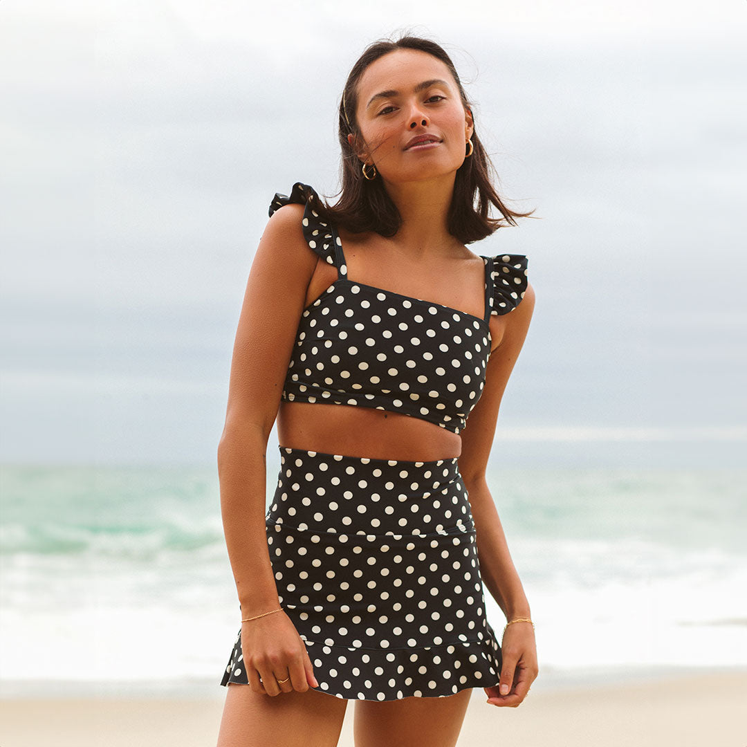 Black Polka Dot Bella Crop Top - Women's Stylish Short Sleeve Shirt for Summer, Casual Wear & Party Outfits | Perfect for Beach, Date Night & Music Festivals