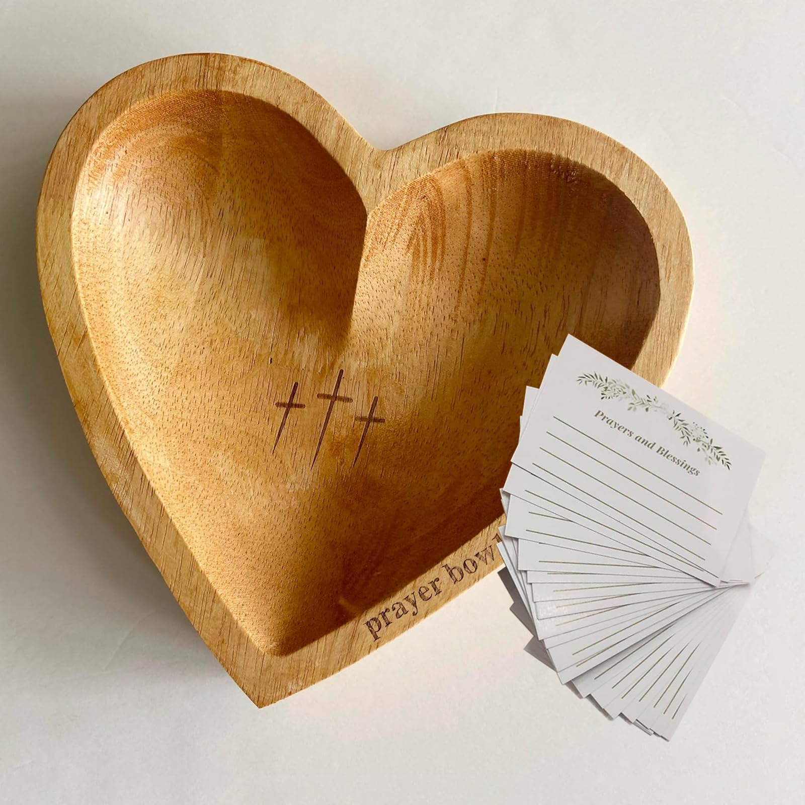 Wooden Prayer Bowl with Heart-Shaped Design & Inspirational Cards - Christian Religious Gift for Women, Men, Mom & Dad - Perfect for Mother's Day, Birthday, Retirement - Home Decor & Spiritual Meditation Accessory
