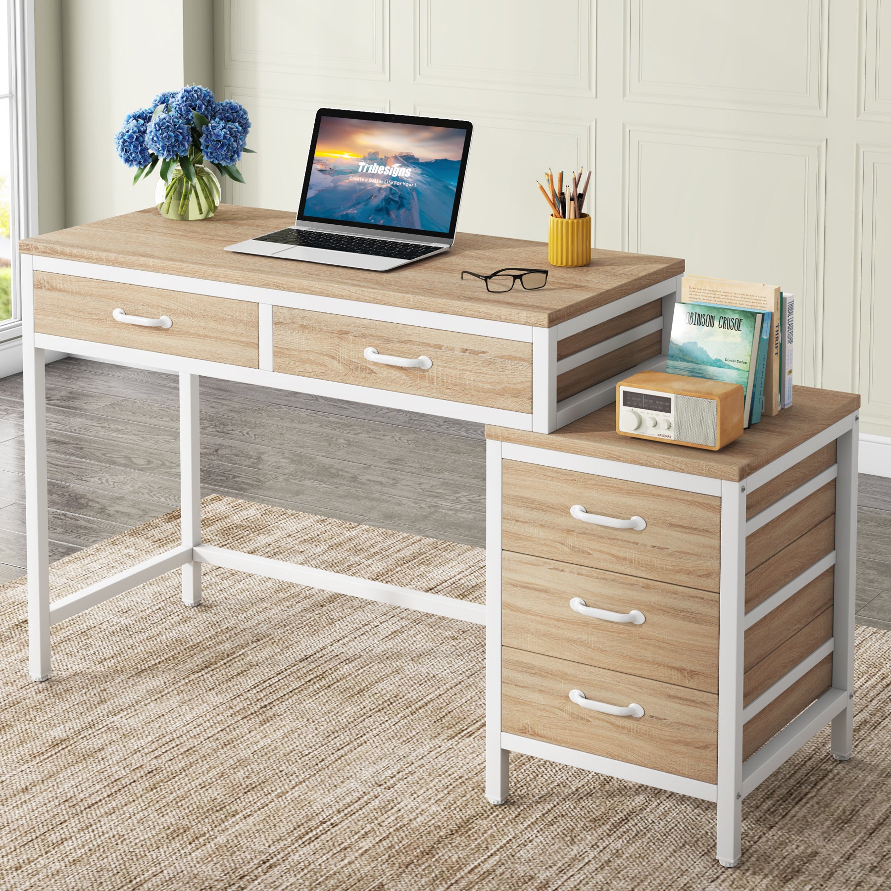 5-Drawer Computer Desk with Reversible Cabinet - Sturdy Study & Writing Table for Home Office, Gaming, and Workspace Organization