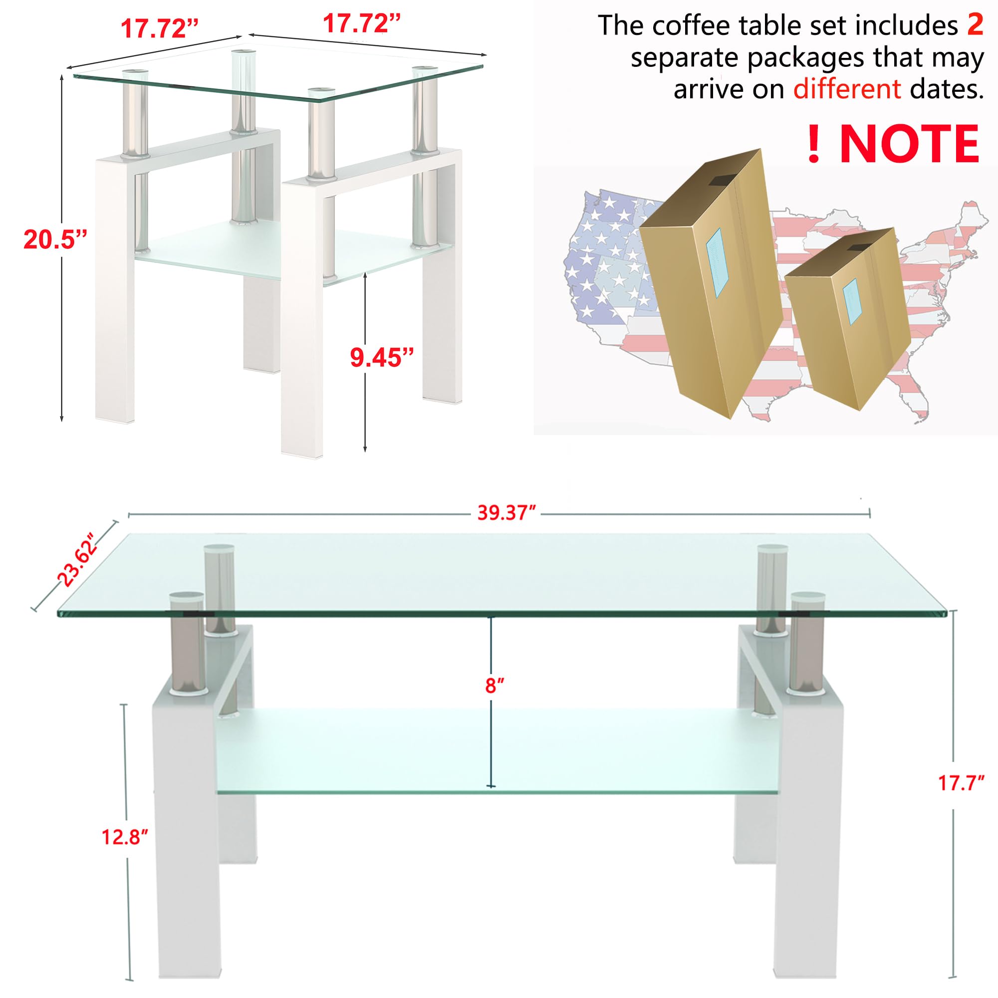 Modern 3-Piece Glass Coffee Table Set with Storage - Black Metal Leg Rectangle Tempered Center & Side Tables for Living Room - White Home Furniture (Perfect for Small Spaces, Apartments & Contemporary Decor)